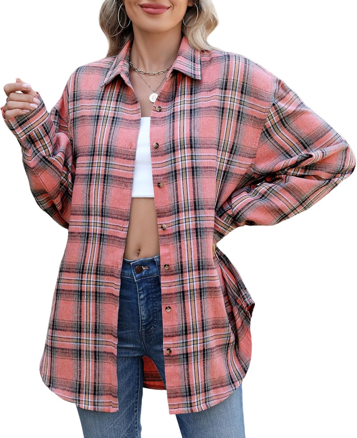 Deer Lady Oversized Flannel Button Down Shirts for Women Long Sleeve Boyfriend Buffalo Plaid Shirt Top with Pockets