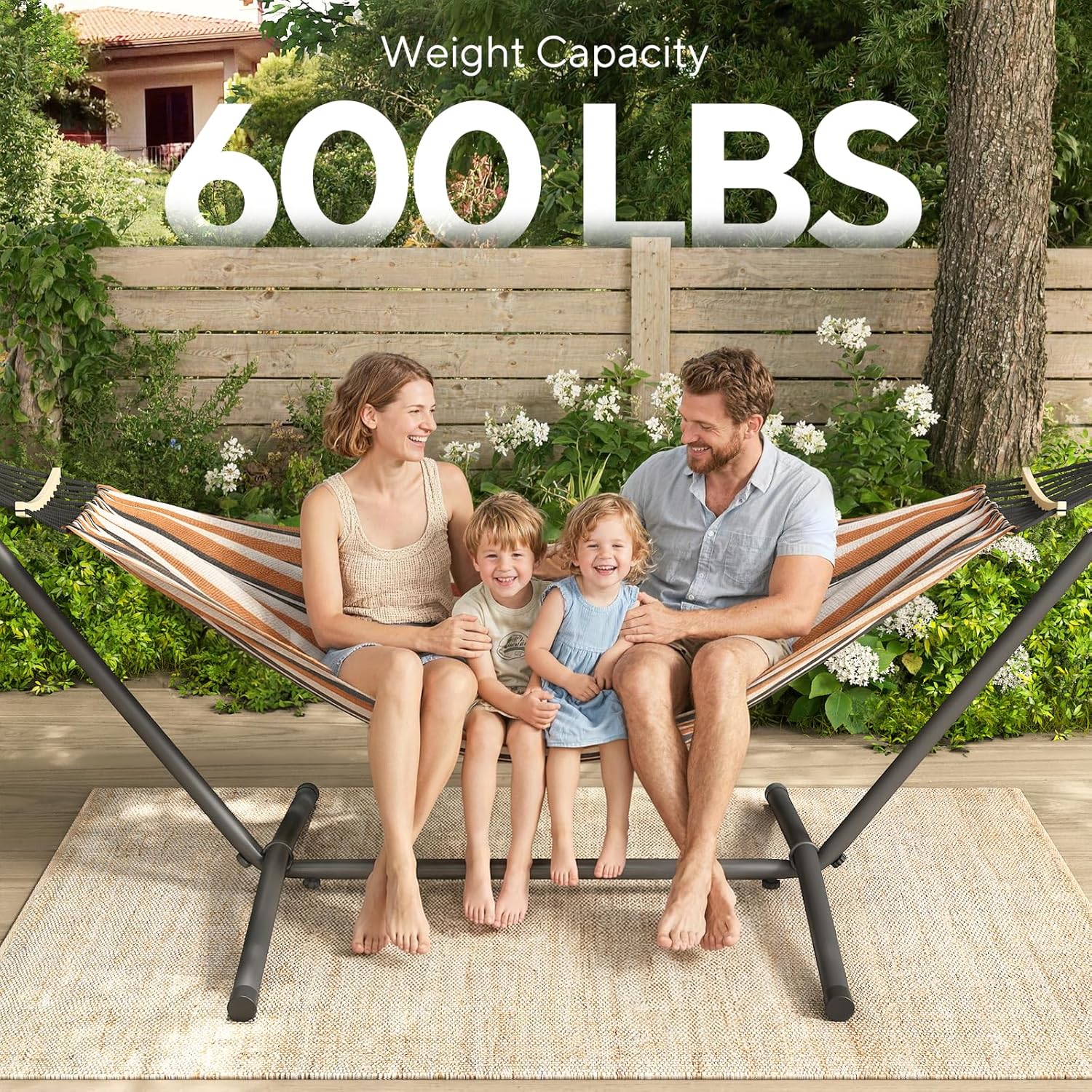 600lbs Hammock with Stand for Outside, 2 Person Portable Hammock with Side Storage, Carrying Bag, Expend Wooden Bar for Outdoor or Indoor (Brown Black)