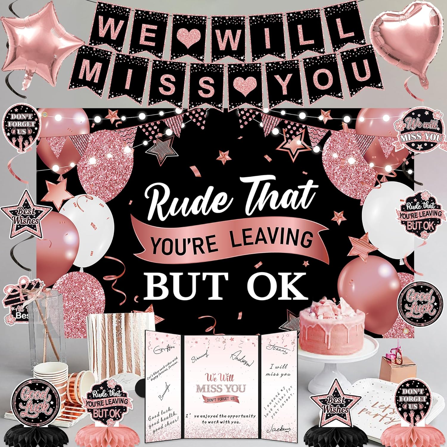 Holkcog Rude That You'Re Leaving But Ok Banner, Farewell Party Decorations for Women, Going Away Gifts Signing Guestbooks Cards With Black Pink Glitter Perfect for Office Coworker Goodbye Party Decor