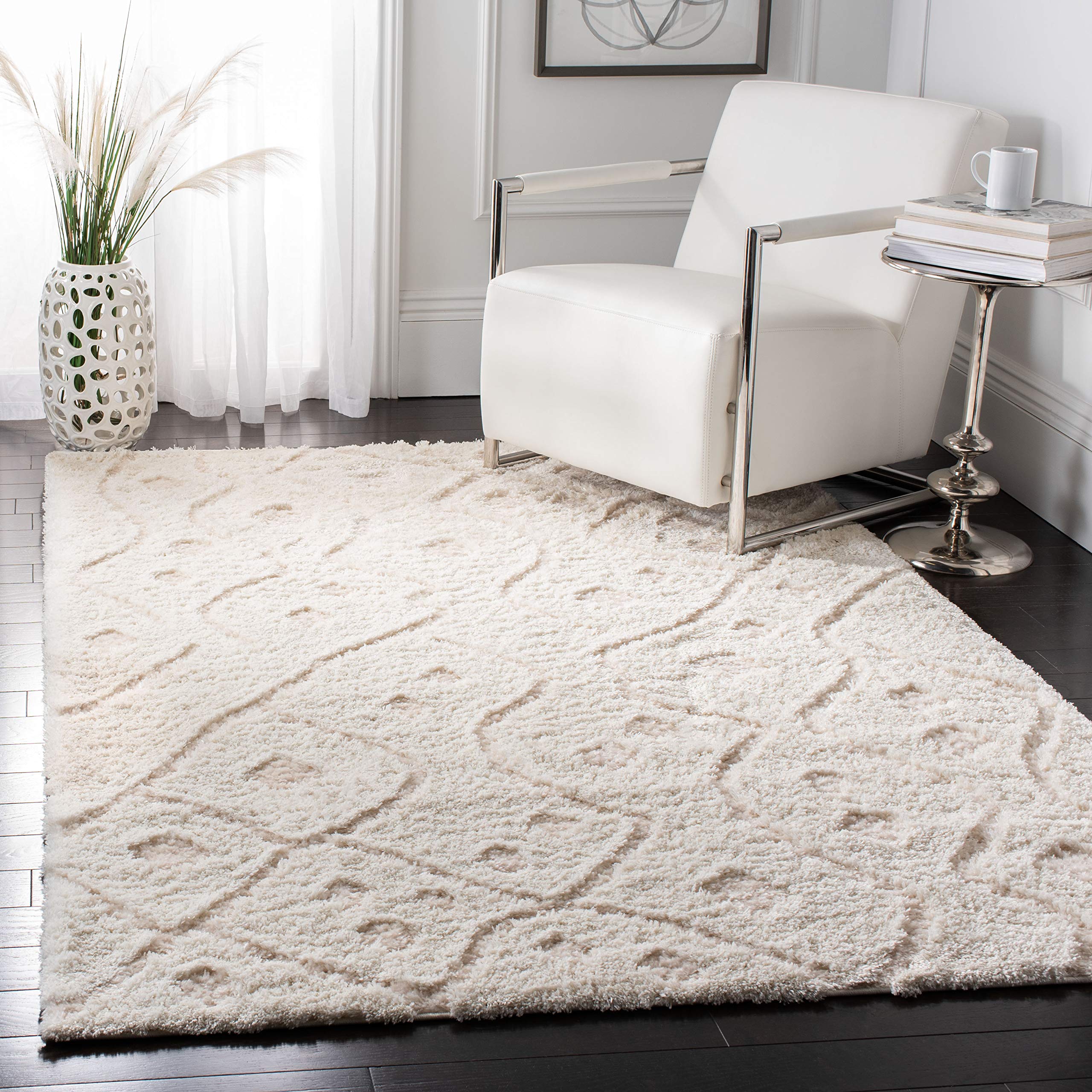 SAFAVIEH Sparta Shag Collection Area Rug - 6'7" Square, Ivory & Beige, Boho Tribal Design, Non-Shedding & Easy Care, 1.2-inch Thick Ideal for High