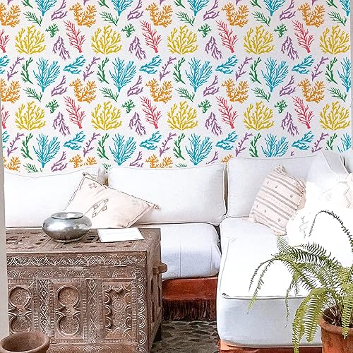Miniatura 4 de BENECREAT Plantilla de coral, plantillas de plástico reutilizables de 12 x 12 pulgadas, patrón de plantas marinas, plantilla de pintura para diario,
