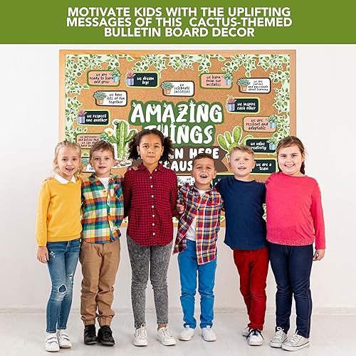 Miniatura 5 de Decorably Juego de 53 piezas de decoración temática de cactus con bordes, decoración de aula de cactus, decoración de tablón de anuncios de plantas,