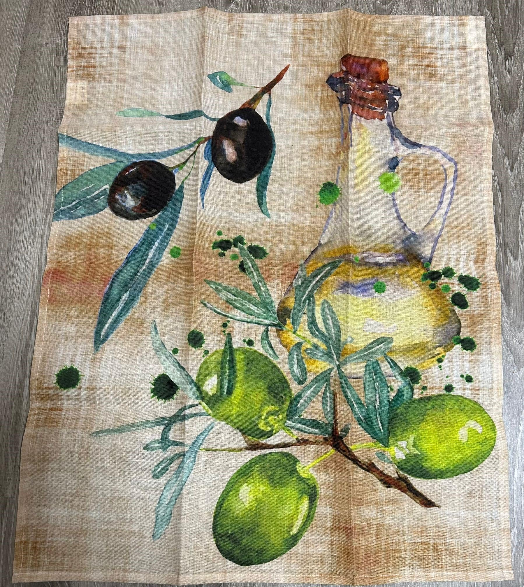 Paños de lino 100 % hechos en Italia con impresión de aceitunas de Montefalco