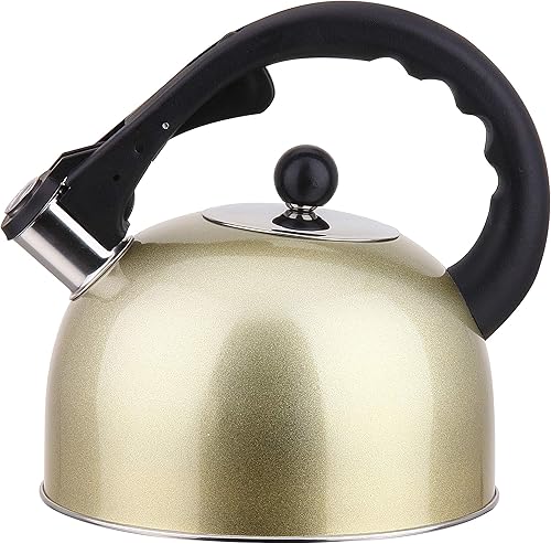 Hervidor de té silbante de acero inoxidable para estufa de 3 litros (3 cuartos), tetera clásica con mango ergonómico, funciona en placas de Dorado