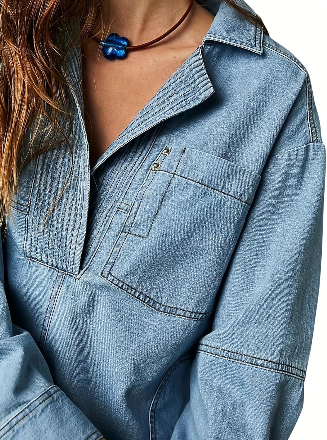 yoeasy Women's Denim Pullover Oversized V Neck Jean Shirt Loose Fit Long Sleeve Denim Jacket With Pocket - Image 2