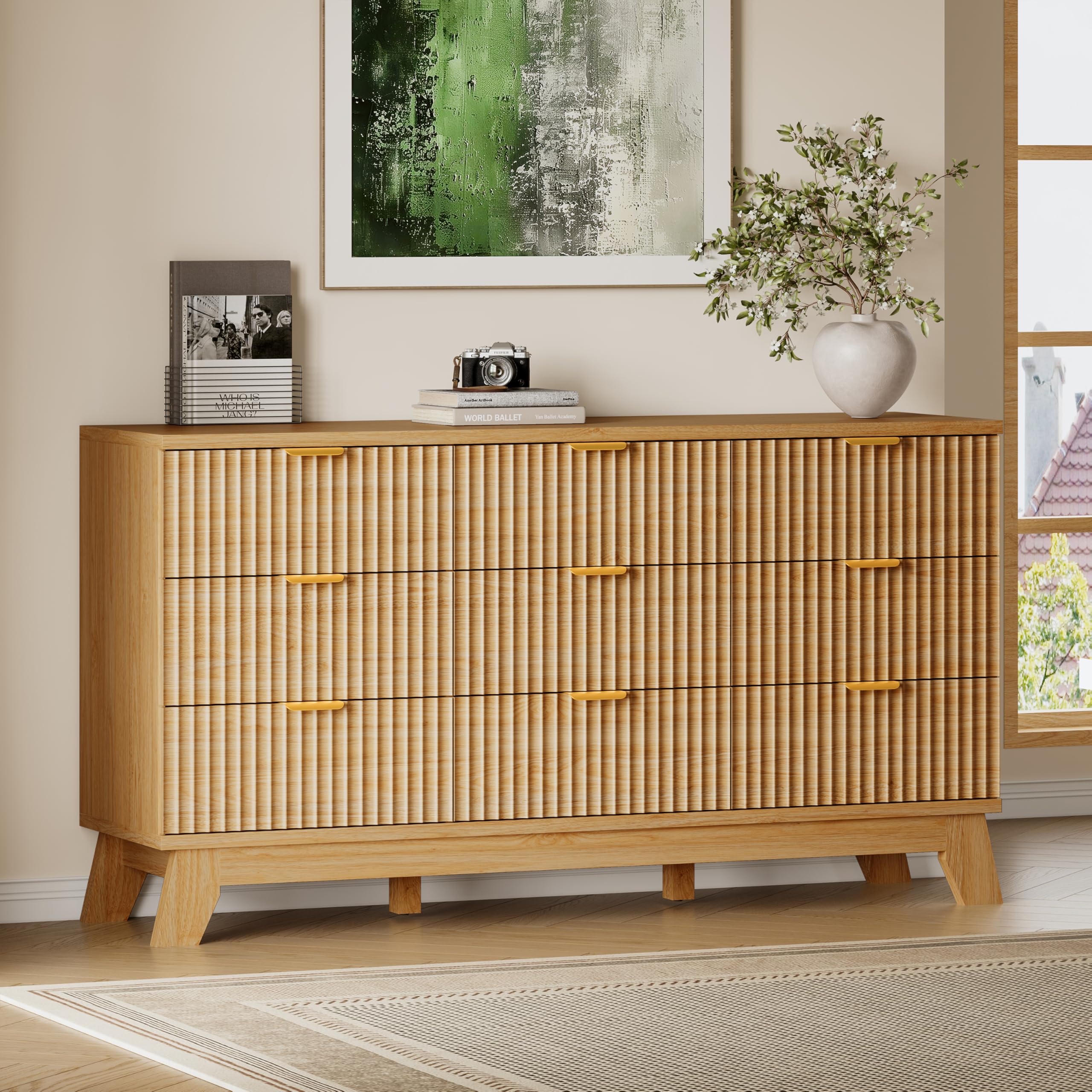 BORNOON Fluted 9 Drawer Dresser, 57.1" Wide Modern Boho Chest of Drawers, Wooden Storage Dresser TV Stand for Bedroom, Living Room, Closet, Hallway, Curved Profile Design