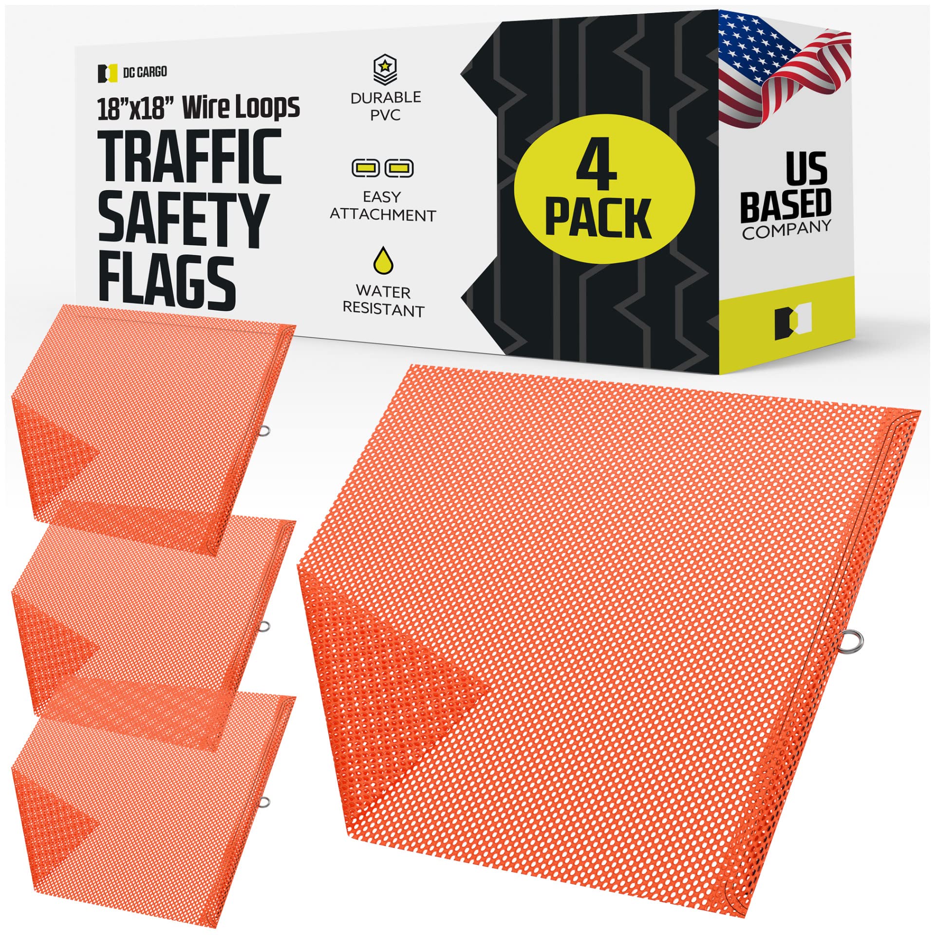 DC Cargo Mesh Safety Oversize Flag W/Wire Mount - DOT Compliant - Mark Your Wide Load Safely and Visibly - Orange Flag for Truck Oversize Load Marking and High Visibility - 18" x 18" Pack of 4