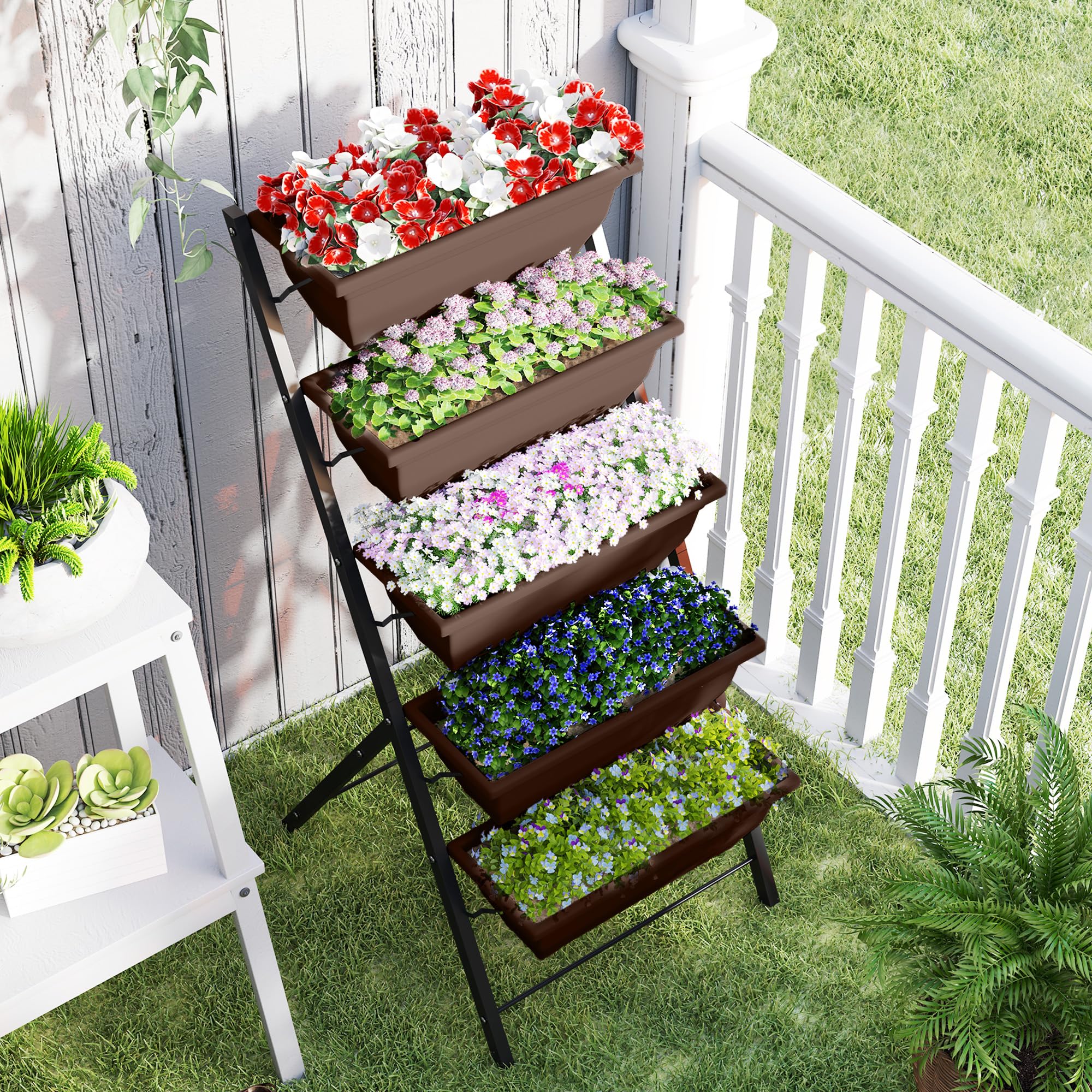 Outsunny Soporte para Plantas Exterior de 5 Niveles con 5 Macetas Negro | Estantería Esquinera con Orificios de Drenaje y Diseño en Escalera, para Interior y Exterior, 55x63x120 cm