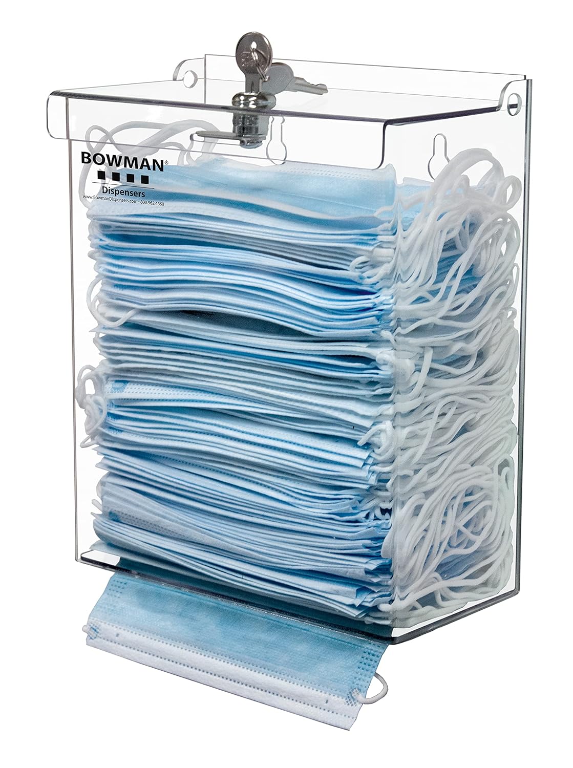 Bowman Dispensers Top Loading Mask Dispenser, Locking Lid with Pivot Hinge, Wall Mounting Keyholes, Two Sizes, Multiple Colors, Made in USA, 4.43 Inches L x 8.38 Inches W x 10 Inches H