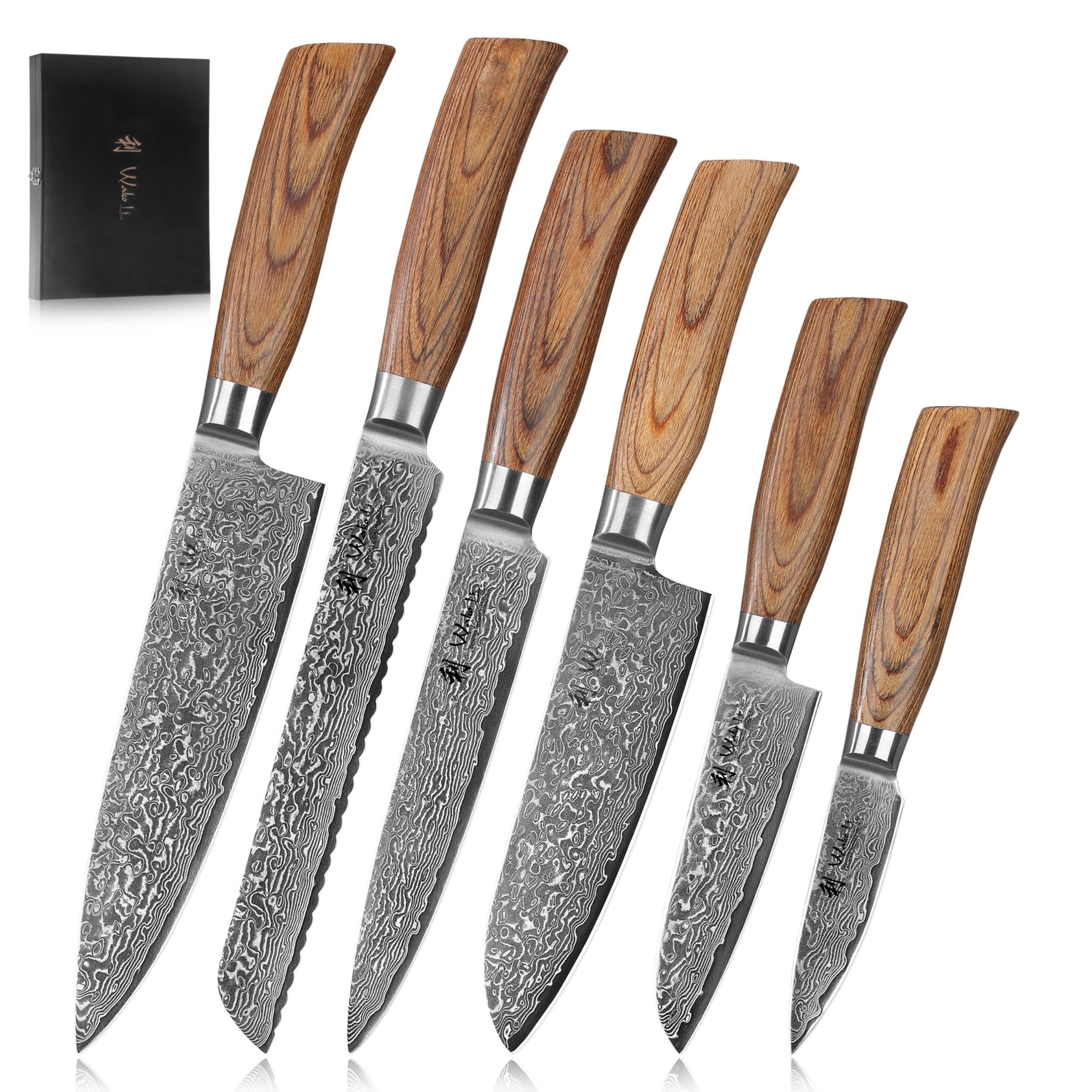 WAKOLI EDIB Pro juego de 6 cuchillos en acero de damasco de 67 capas con núcleo VG10, chef 20 cm, pan 20 cm, carne 17 cm, Santoku 16 cm, Santoku 11 cm y puntilla 8 cm
