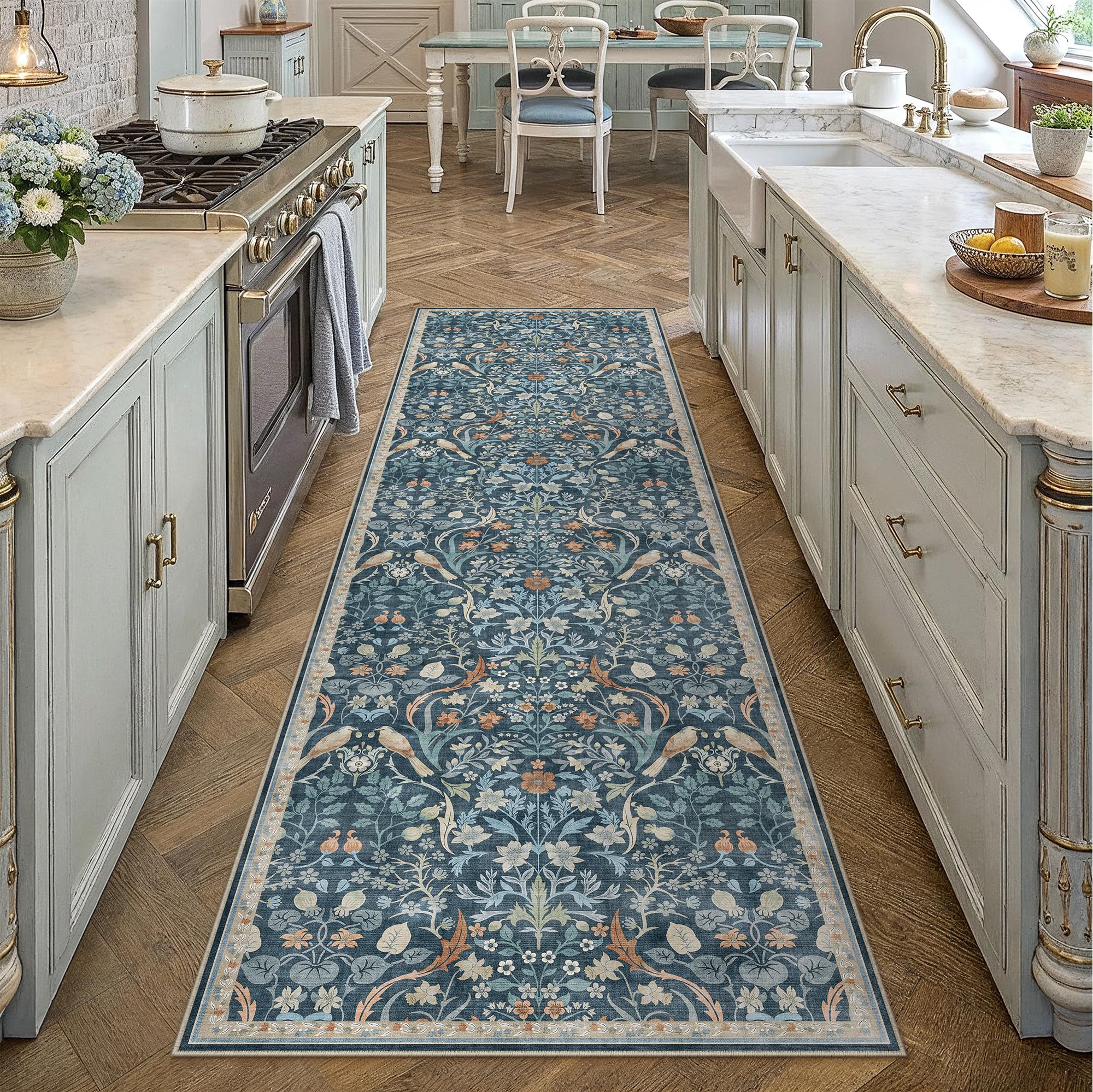 PureCozy LäUfer Flur Teppich 60x240cm Blumenmuster kurzflor rutschfest Weich Retro Waschbarer Teppiche für Küchen Hallway Bettvorleger Schlafzimmer Wohnzimmer Carpet, Hellblau