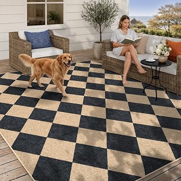 Lahome Checkered Easy Jute 5x7 Area Rugs, Washable Outdoor Patio Rug for Living Room Diamond Indoor Outdoor Carpet, Farmhouse Geometric Non Slip Black Carpet for Backyard Dining Room