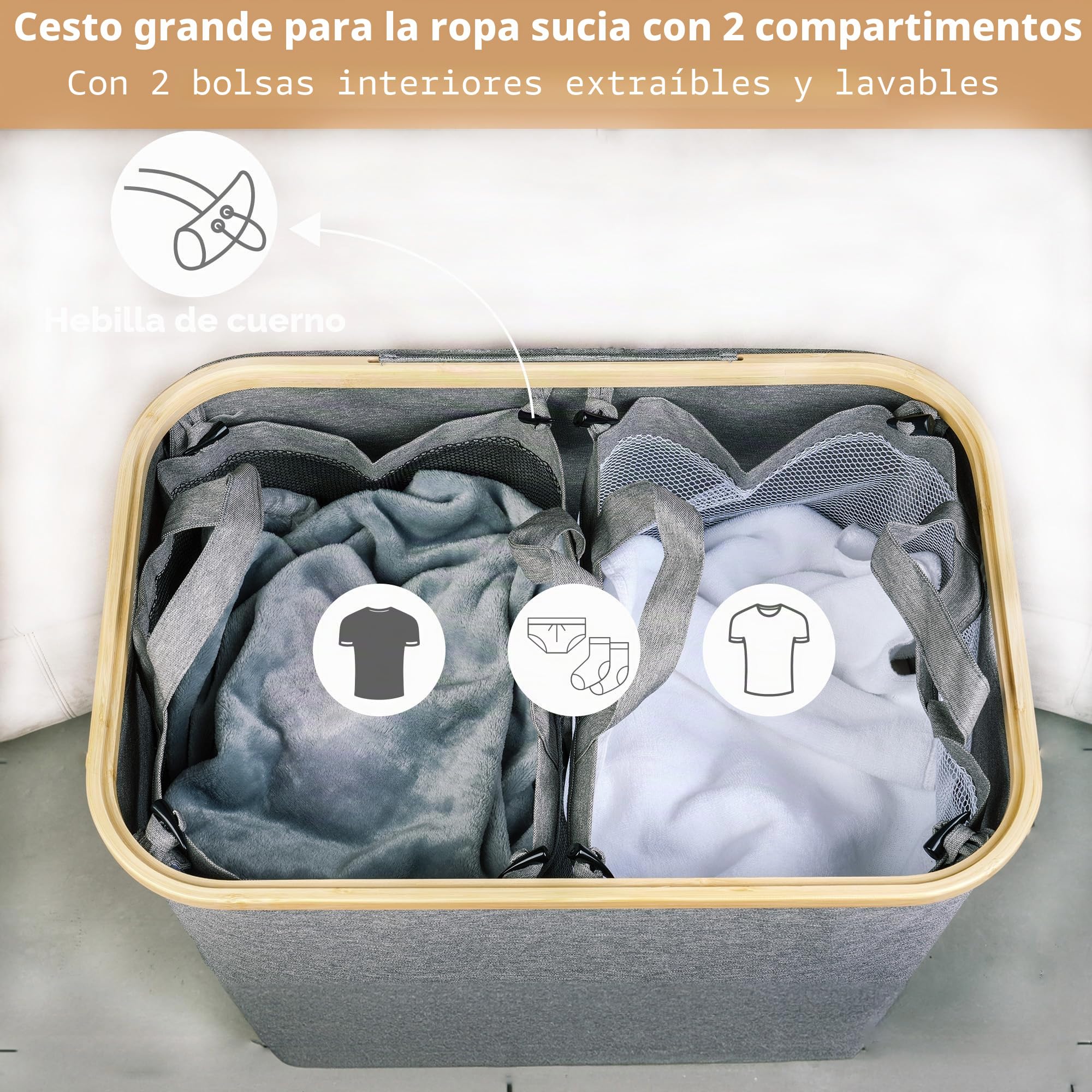 iEGrow Cesta de lavandería con 2 compartimentos de 150 L, cestas grandes para lavandería con bolsas interiores extraíbles y lavables, cesta de lavandería con tapa y asa para dormitorio, lavandería,