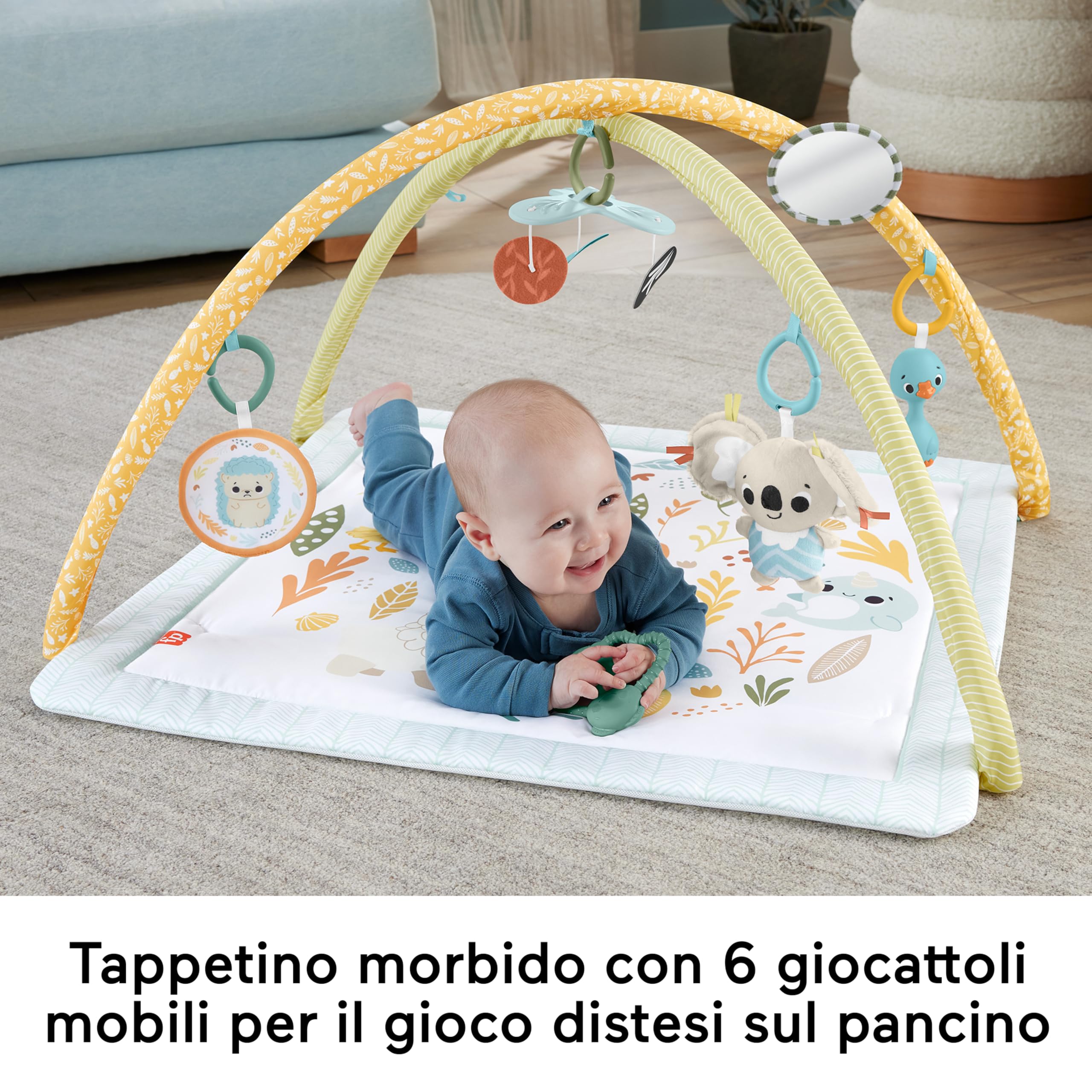 Fisher-Price Simply Senses Palestrina Neonato Tummy Time | Tappetino gioco lavabile e 6 giochi interattivi, mobile, stimola sensi e motricità. Neonati da 0 mesi, JMN74