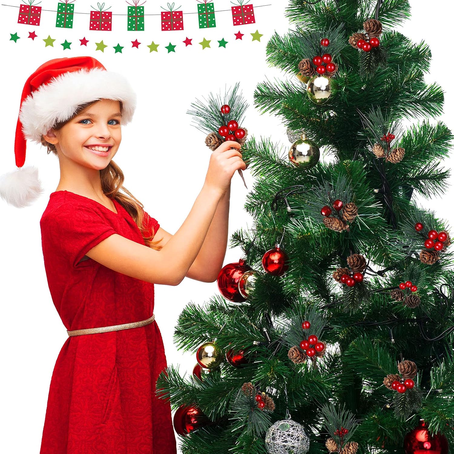 20 Pieces Christmas Artificial Pine Picks Set Simulation Pinecones Acorns Red Berries Fake Natural Pine Needle Cone Branches for Xmas Party Gift Wreaths Tree Home Winter Ornament(Vivid Style)