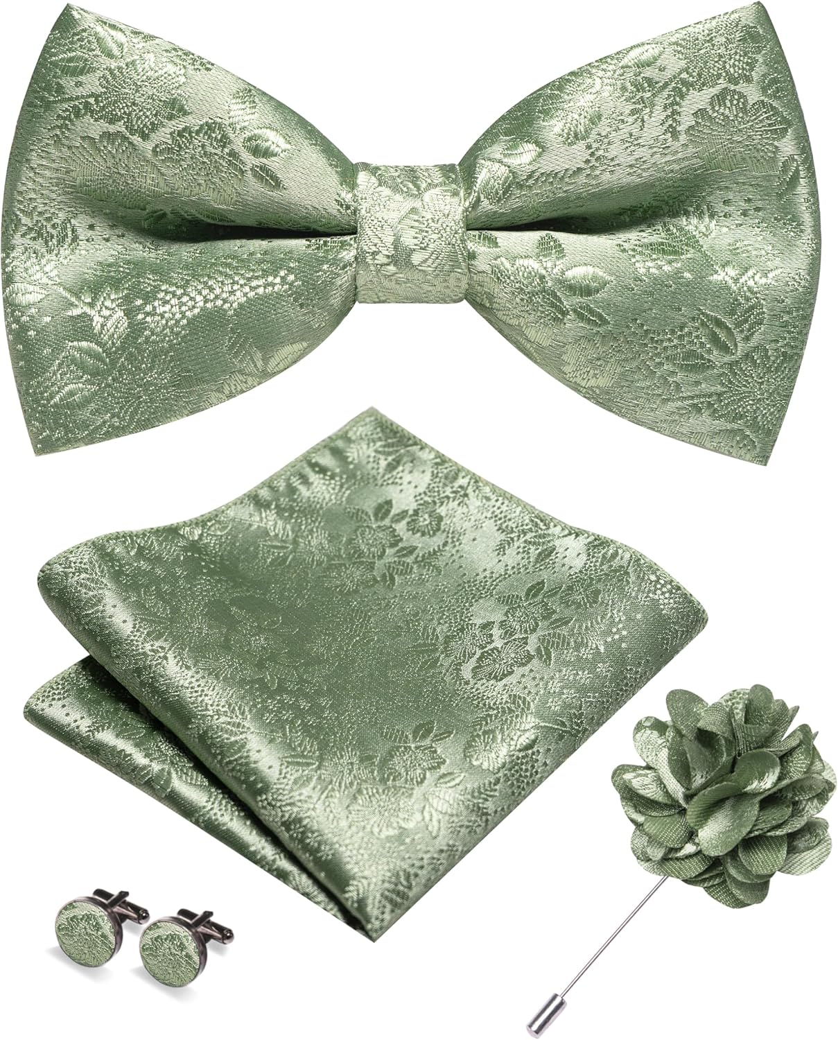 JEMYGINS Floral Pre-tied Bow Tie and Pocket Square Cufflinks Lapel Pin Sets for Men 4PCS