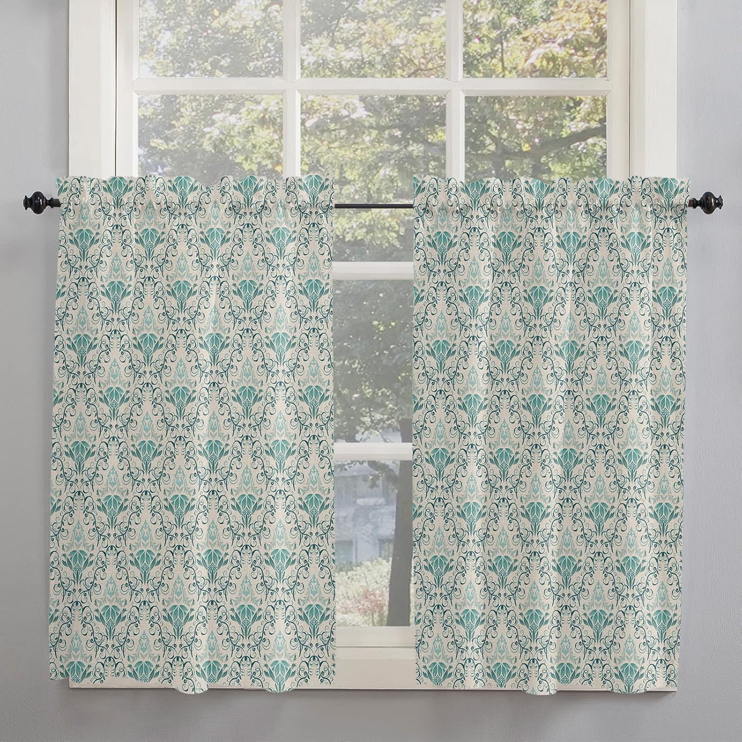 Teal Floral Kitchen Curtains 45 Inches Long, Middle Century