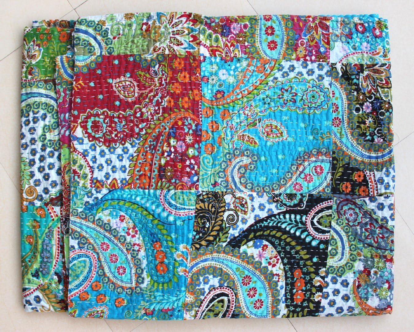Mango Gifts 100% Cotton Kantha Style Queen Size Patchwork Quilt Bed Spread, Multi-Color Gudri Bed Throw