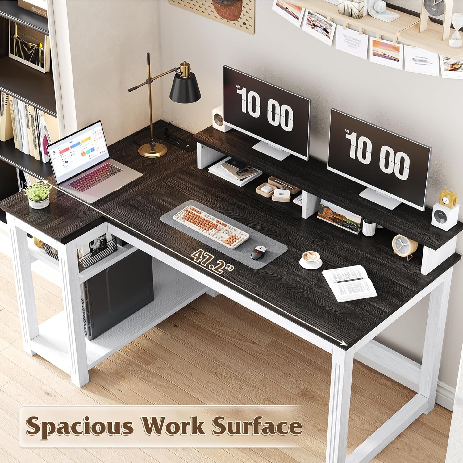 EnHomee 47.3" Computer Desk with Monitor Stand & LED Lights, Farmhouse Office Desk with Power Outlet & Storage Shelves for Home Office, Wood Computer Table for Bedroom Work, Metal Frame,White