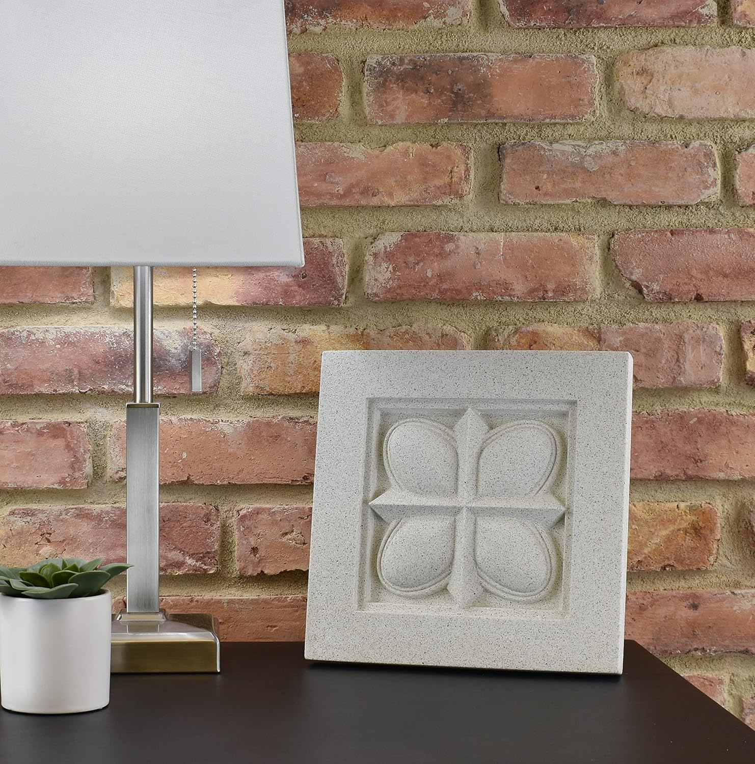 Sculpted Architectural Bas Relief 3D Tile Plaque Ornament, Solid Cast Stone, Egg & Dart Design, 9.5"x9.5" for Wall Hanging or Tabletop Display (Buff with Support Leg)