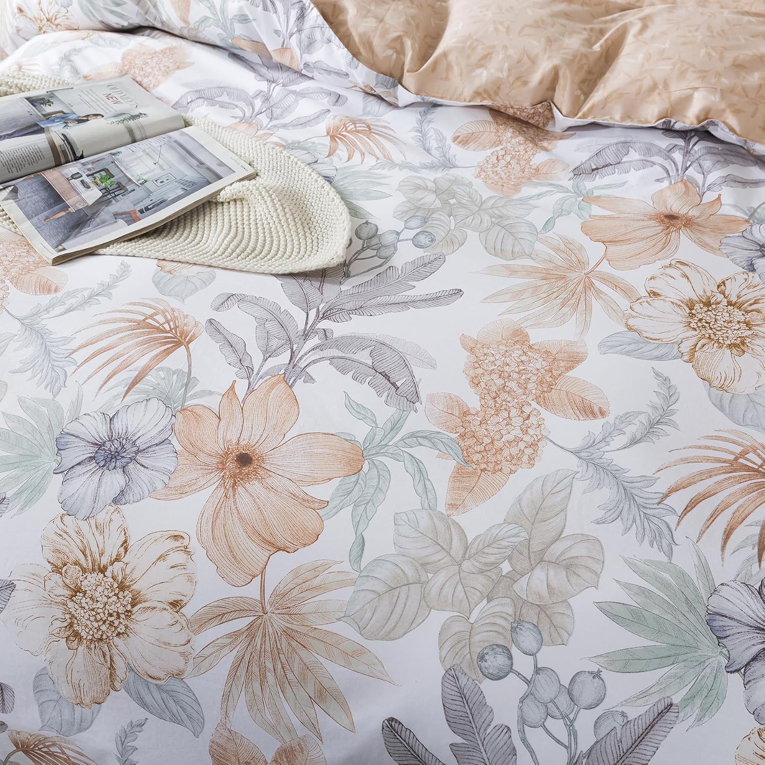 Lemfux Queen Duvet Cover Set Cotton Floral Leaf Print White Duvet Cover Set with 2 Pillow Shams, Orange Grey Plant Pattern Comforter Cover Set with Metal Zippers, Modern Bedding Set, 3 Pieces