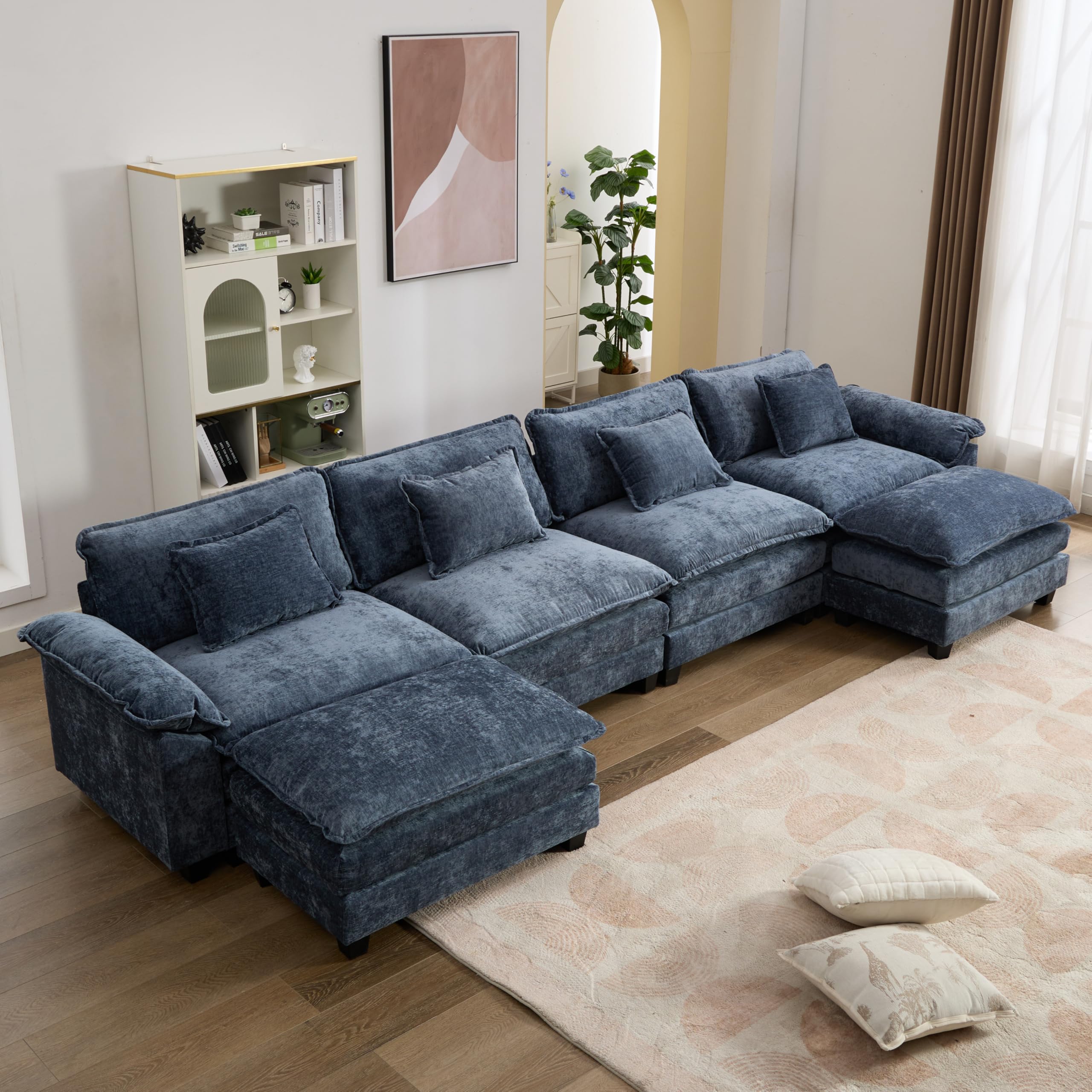 IPKIG 154" Modular Sectional Sofa, Chenille U-Shaped Sectional Couch Comfy Upholstered 4-Seat Sofa with 2 Ottoman, 4 Lumbar Pillow, Deep Seat Cloud