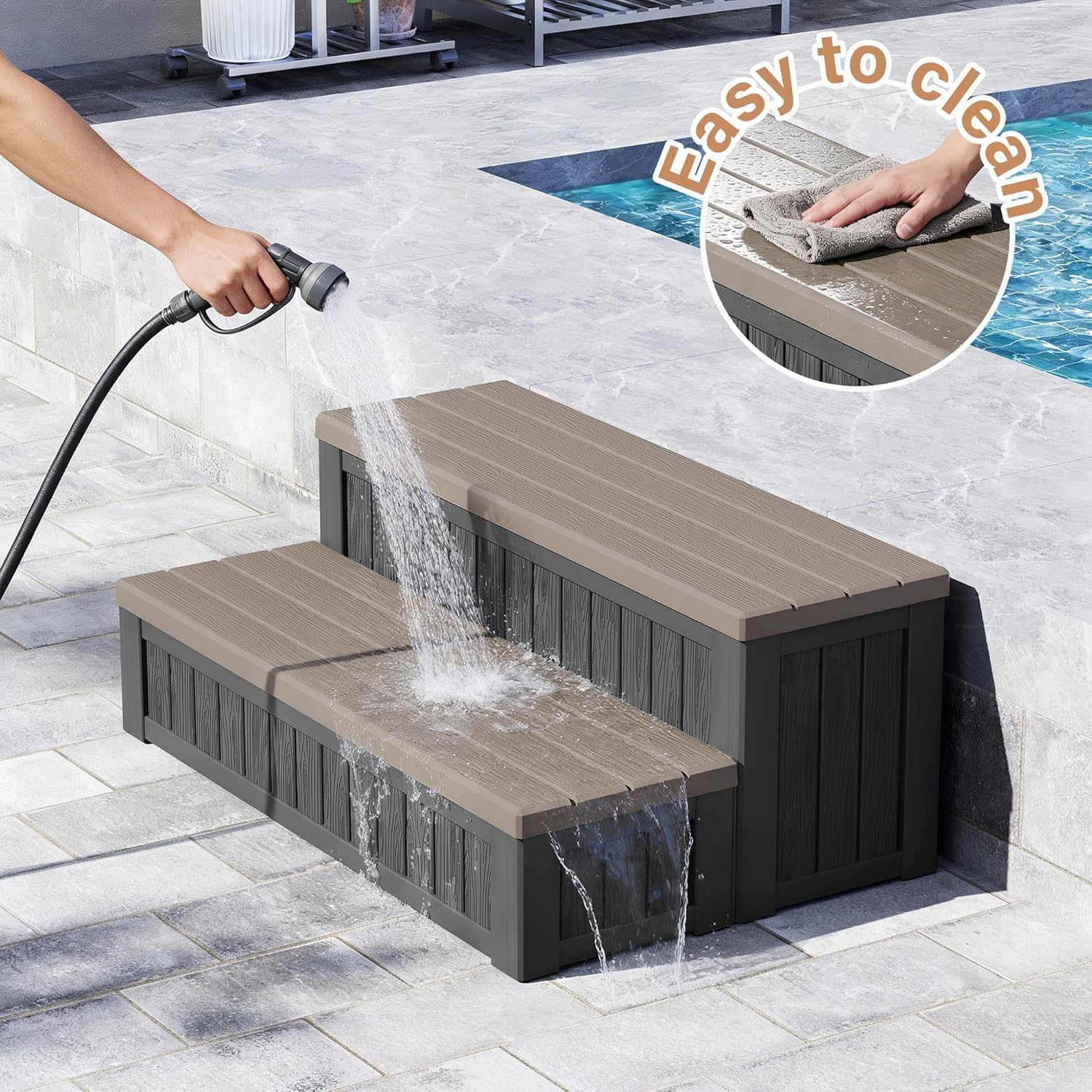Plastic Hot Tub Steps with Storage, Spa Steps Outdoor Stairs, 36.6 Inches Long - Non-Slip All Weather Top & Feet, 32 Gallon Capacity, Waterproof for Porch/RV/Deck, Sturdy Plastic Frame, Gray