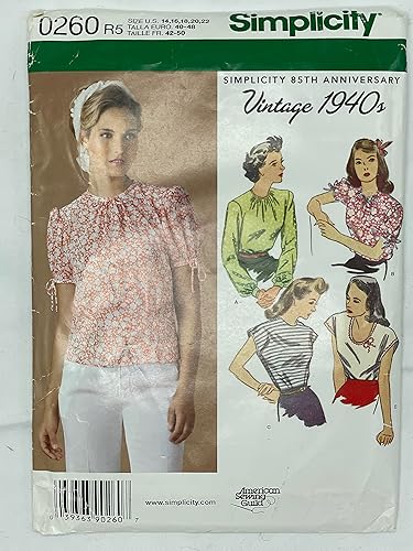 Simplicity 0260 Vintage 1940s Misses - Patrón de costura para camisetas de mujer, talla R5 (14-16-18-20-22)