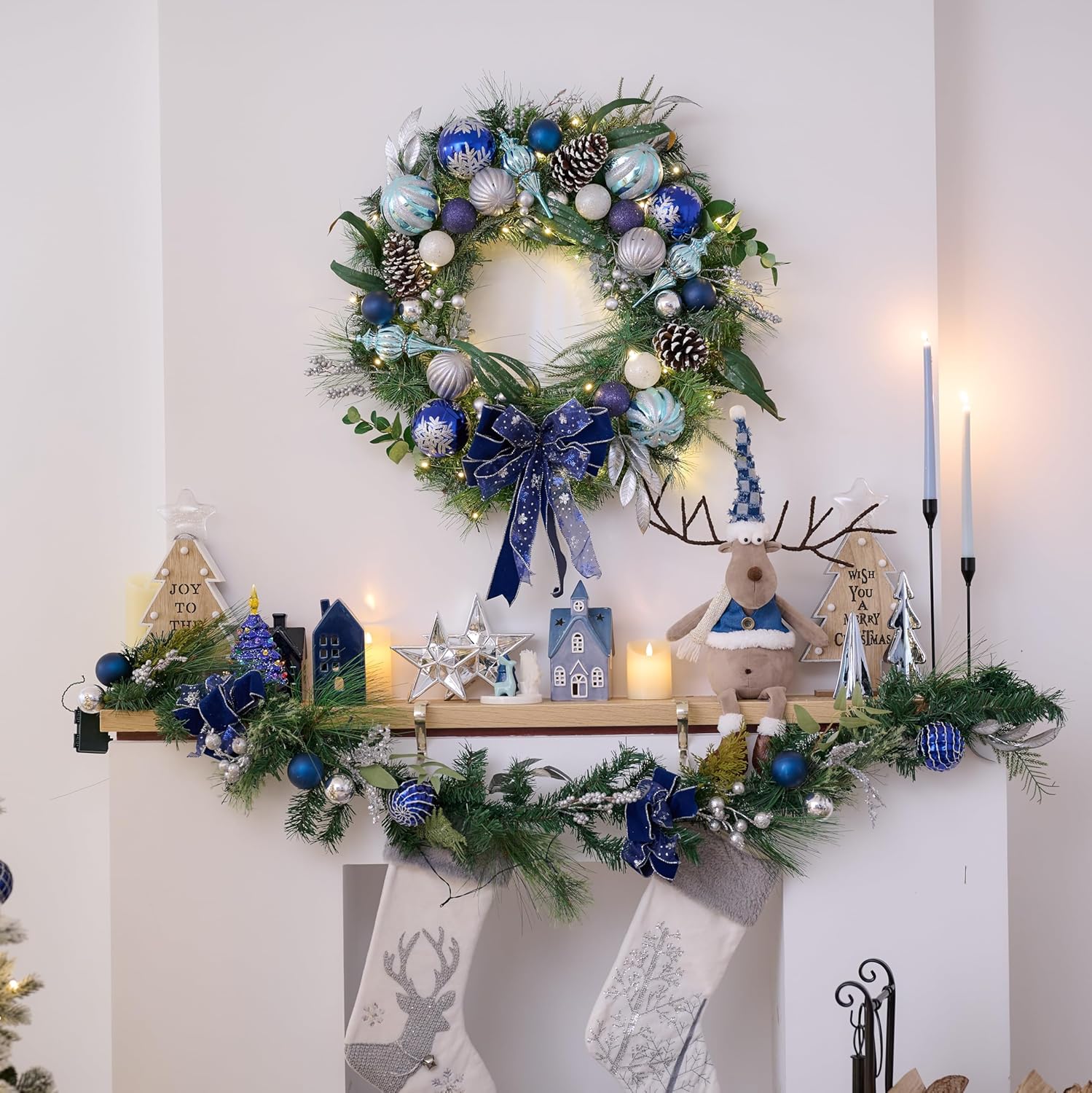 Valery Madelyn 6 Feet Pre-Lit Christmas Garland with Lights for Mantle, Lighted Outdoor Xmas Garland with Silvery Blue Ball & Bows for Home Stairs Fireplace Table Centerpiece Indoor Holiday Decor