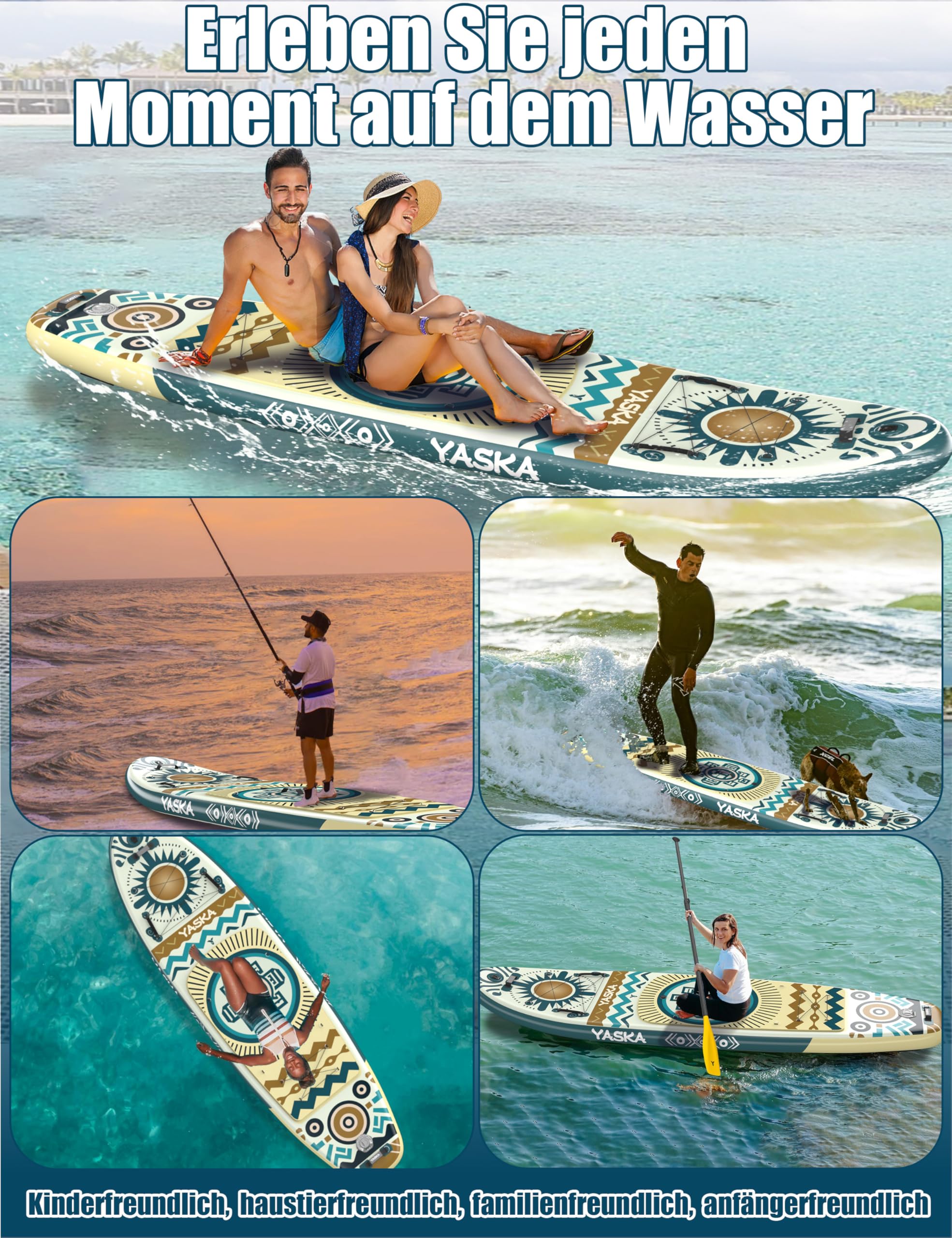 YASKA Tabla Paddle Surf Hinchable,Stand Up Paddle Board Surf con Accesorios Remo,Bomba,Correa,Aleta para 2 Personas Familia Adultos