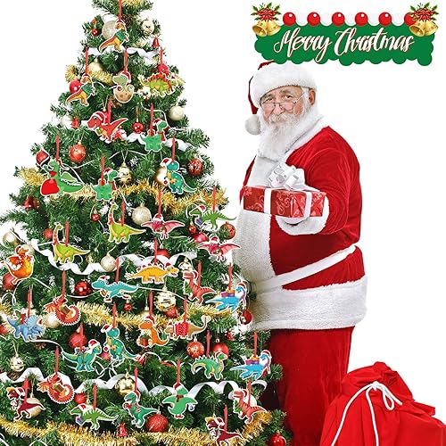 Miniatura 4 de Remerry 48 piezas de adorno de dinosaurio de Navidad para árbol de Navidad, adorno colgante de dinosaurio de madera, decoraciones de dinosaurio de