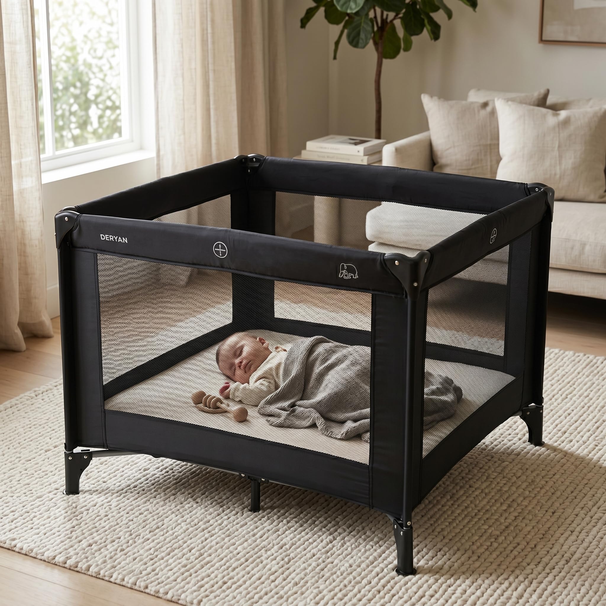 Deryan Lit Parapluie Bébé avec Matelas Inclus, 0-5 Ans (0-20 kg), Léger 4 kg, Grand Matelas, Ouverture Latérale, Design Pliable, Sac de Transport Inclus, 100 x 100 cm (Noir)