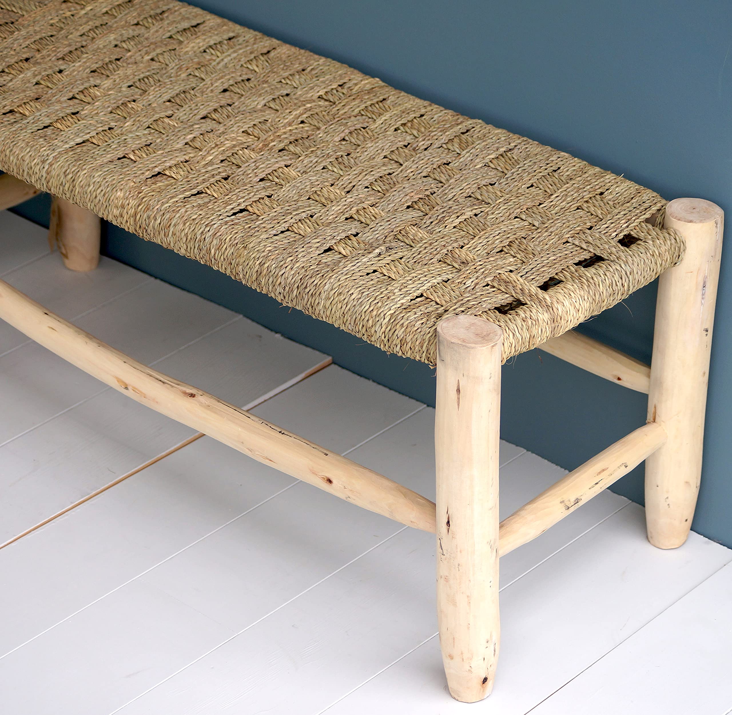 Banc Marocain en Bois Massif et Tressage naturel, Banquette d'Entrée, Fait main (Tressage croisé, 100cm)