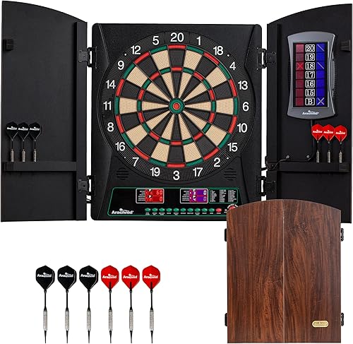 Arachnid CricketMaxx 1.0: 13.5” recreation size with wood cabinet. Features 34 games, 183 variations, 8-player LED X/O scoring, and Heckler mode.