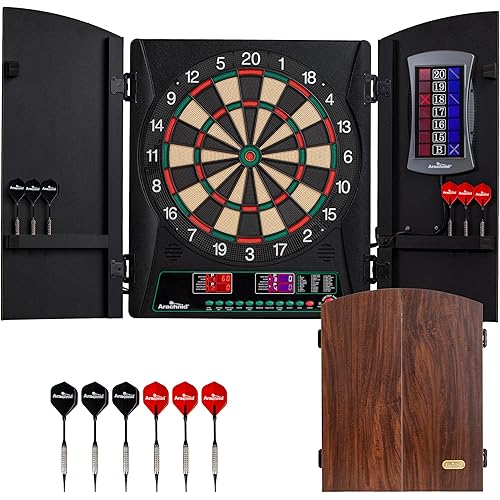 Arachnid Cricket Maxx 1.0 Electronic Dartboard Cabinet Set - Walnut Finish Doors - 34 Game Types with 183 Variations - Up to 8 Players - Includes Six Soft Tip Darts
