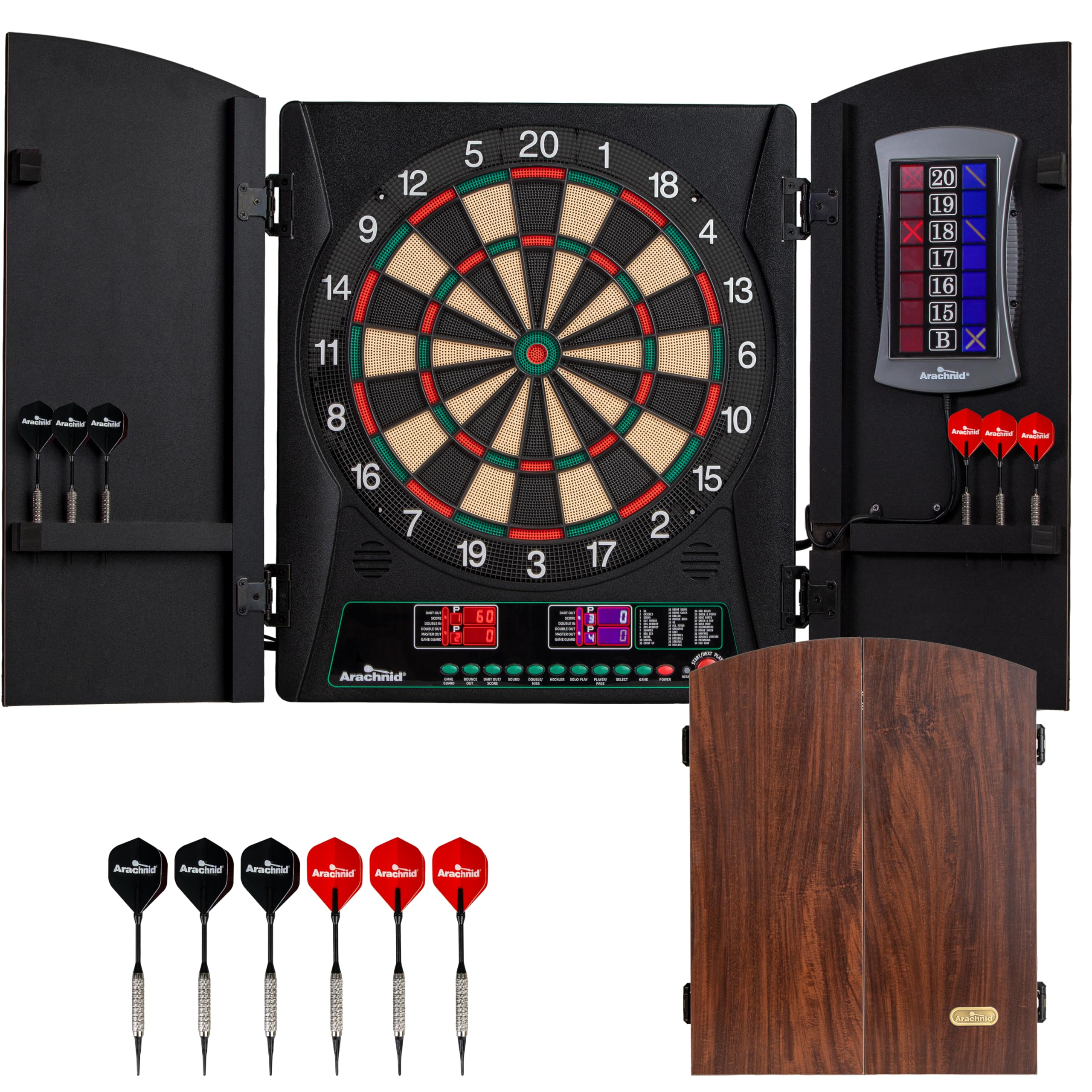 Arachnid CricketMaxx 1.0: 13.5” recreation size with wood cabinet. Features 34 games, 183 variations, 8-player LED X/O scoring, and Heckler mode. Integrated storage for darts and accessories