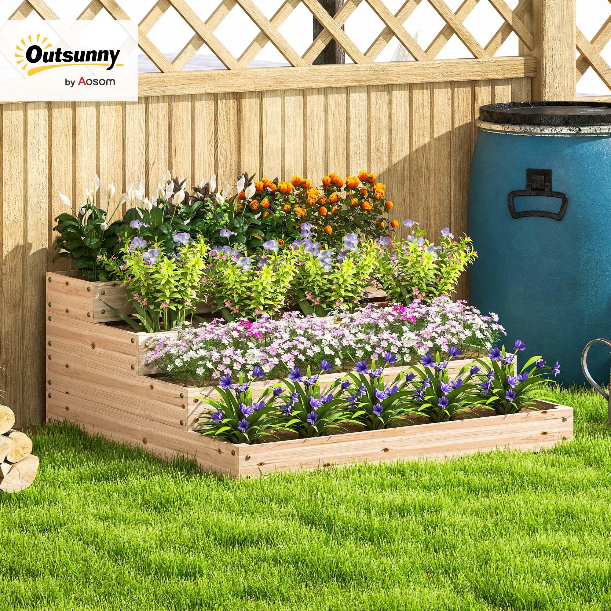 Outsunny Carré Potager de Jardin, jardinière en Bois Massif, lit de Jardin surélevé, sans Fond, 4 étages, pour Herbes légumes Fruits Fleurs, 113 x 113 x 46 cm, Bois Naturel