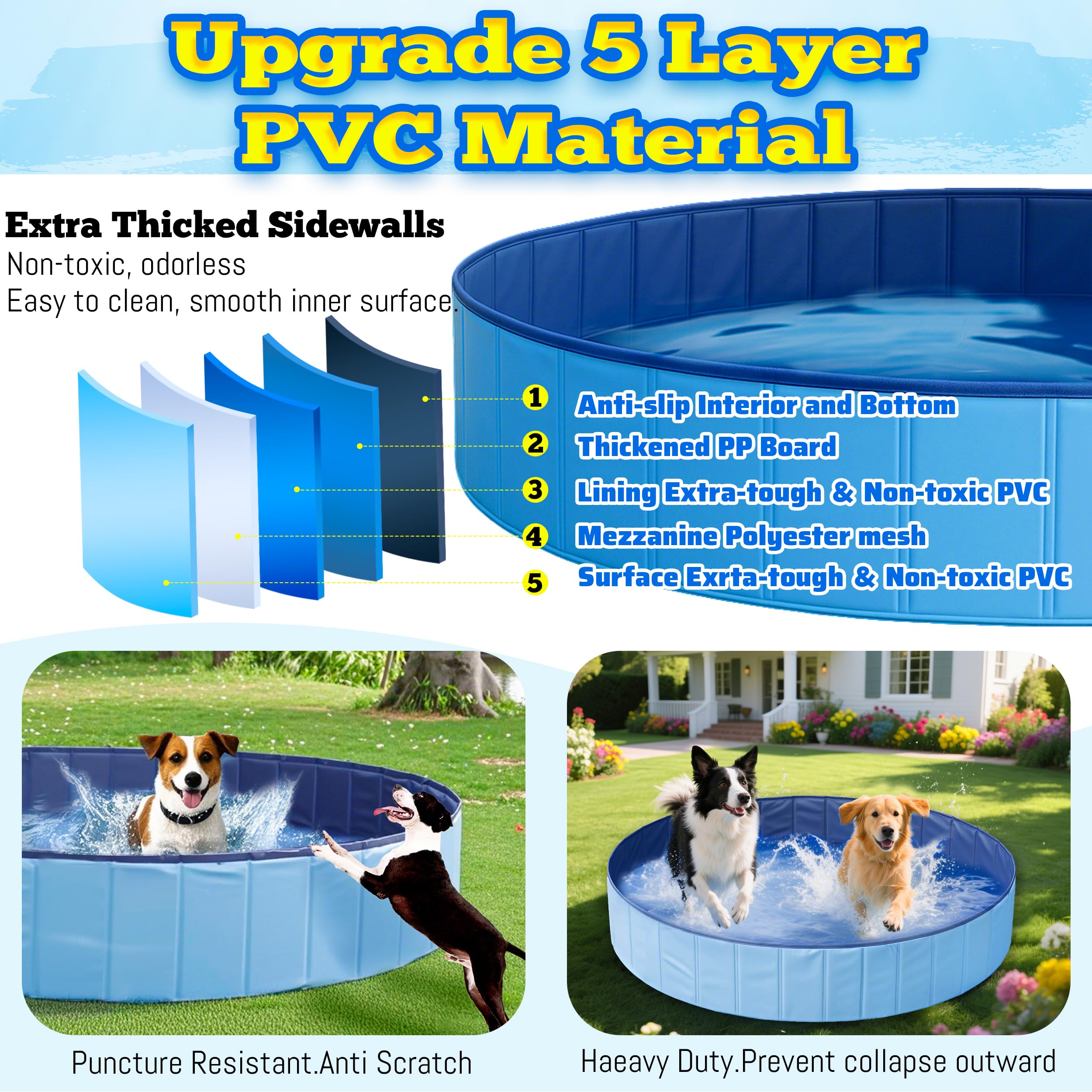 PatiencET Piscina pieghevole per cani, 160 cm, piscina portatile per cani con valvola di scarico rapido, vasca da bagno per cuccioli per interni ed esterni