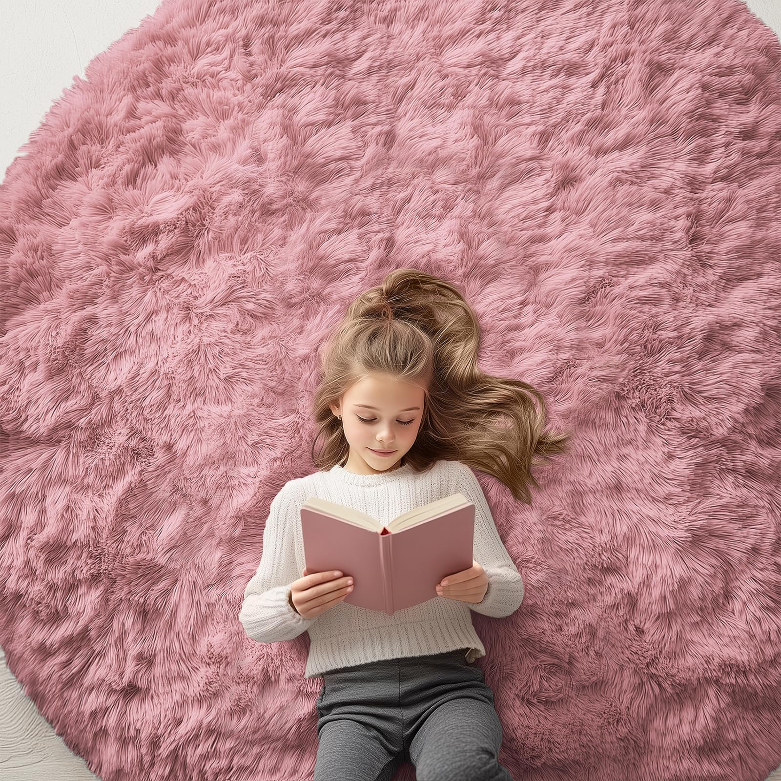 OLANLY Pale Pink Round Rugs for Bedroom - Machine Washable, 6x6 Feet Circle Area Rugs for Living Room, Soft and Fluffy Shaggy Carpet for Teen Girls and Boys, Dorms, Nursery Rooms, Home Decor Aesthetic