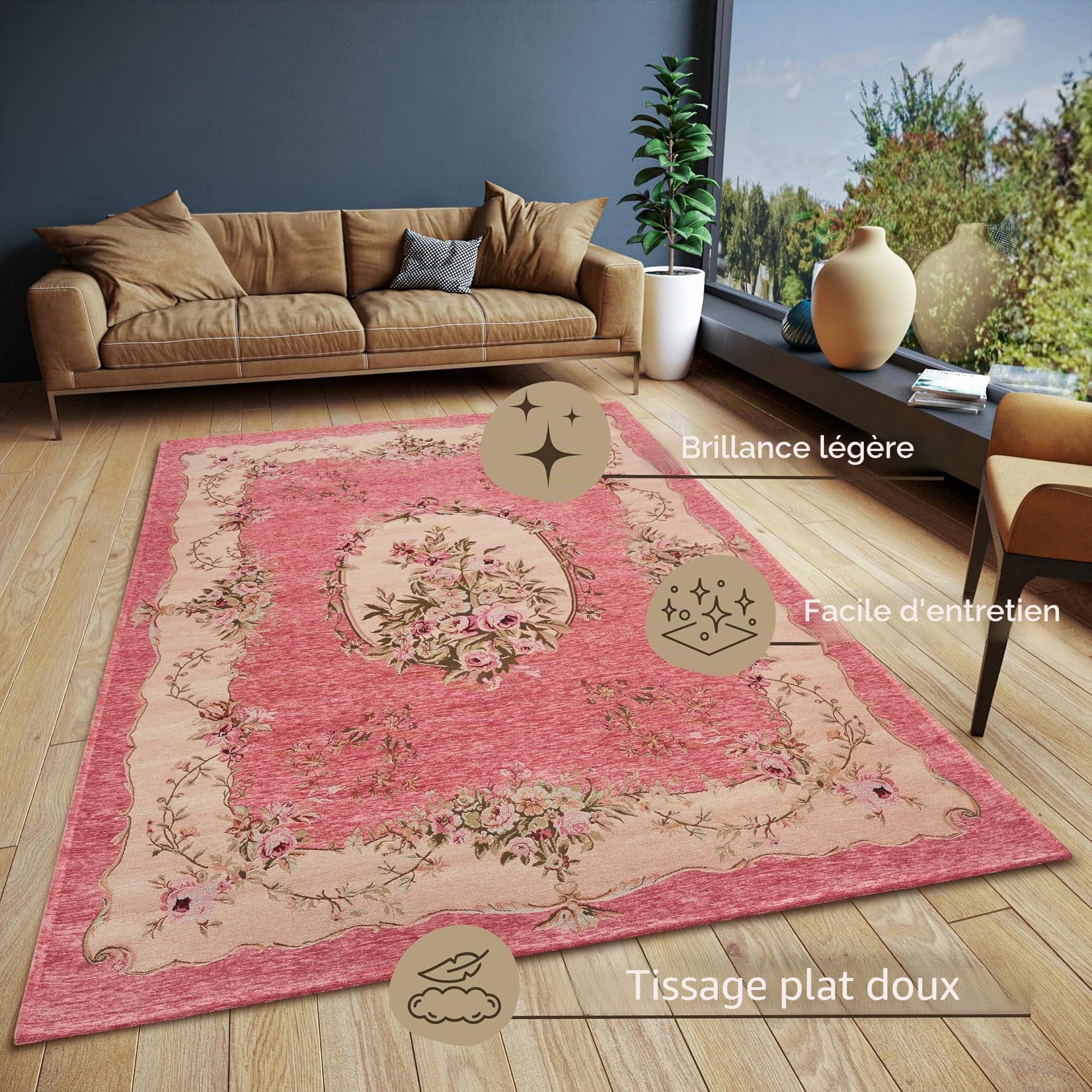 Hanse Home Asmaa Design - Tapis Oriental - Tissé à Plat - Motif Floral Vintage - Dessous antidérapant - Tissé de qualité supérieure - pour Salon, Chambre à Coucher, Salle à Manger, Couloir - Rose