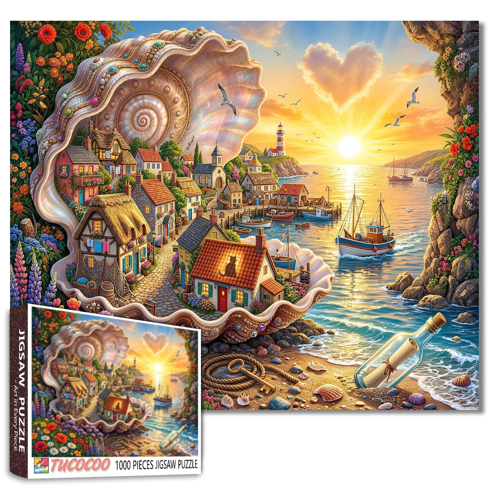Coastal Village Jigsaw Puzzle 1000 Pieces for Adults Fantasy Seashell Town Puzzles Lighthouse Sunset Harbor Artwork Colorful Cottage Seaside Landscape Scenic Puzzle Stress Relief Gift Home Decor