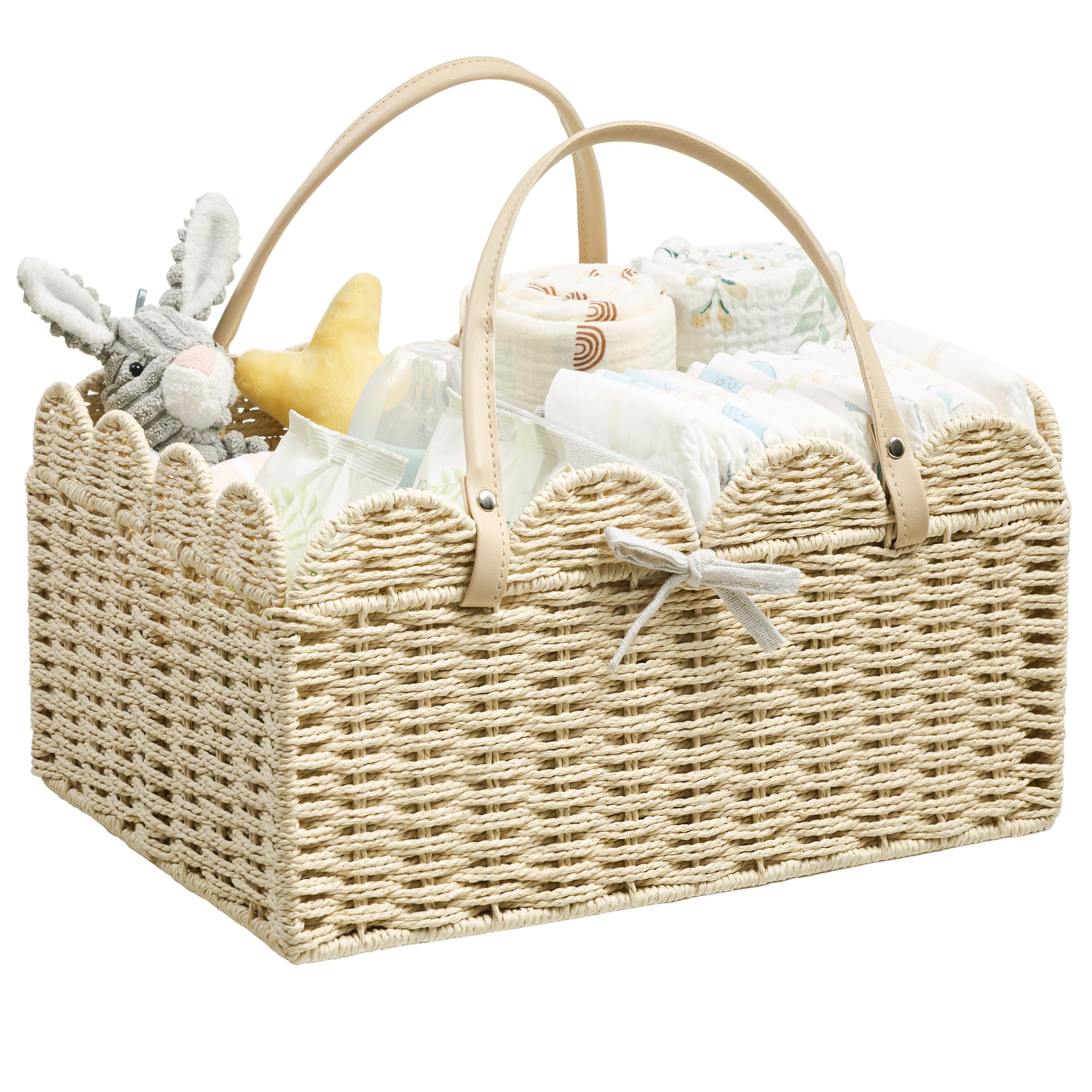 Angelhood Organizador de pañales de cuerda de papel festoneado, organizador de pañales para bebé con divisores para cambiador, guardería y coche, cesta de regalo portátil para bebé