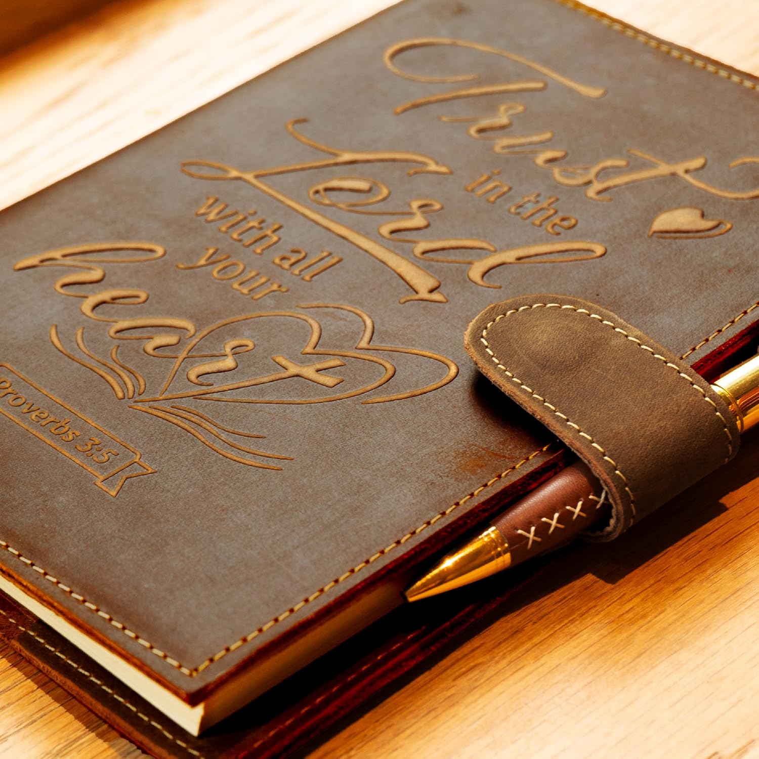 Sovereign-Gear Religious Refillable Leather Journal - Handmade A5 Writing Notebook with Pen - “Trust in the Lord” Proverbs 3:5 Embossed Diary with 2 Lined Inserts & Pen Holder - 480 Pages