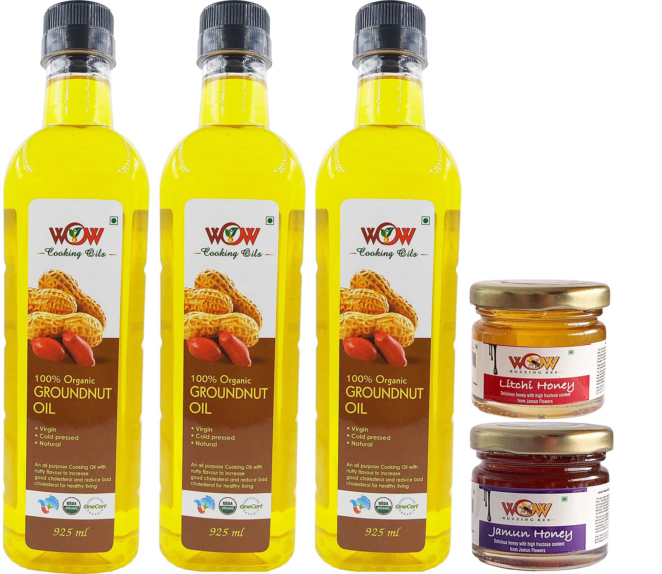 WOW Cooking Oils - Organic Ghani Cold Pressed Virgin Groundnut / Peanut 925ml X 3 Bottle With 55Gm Forest Honey | Pure & Wood Pressed (925ml Each) Pack of 3