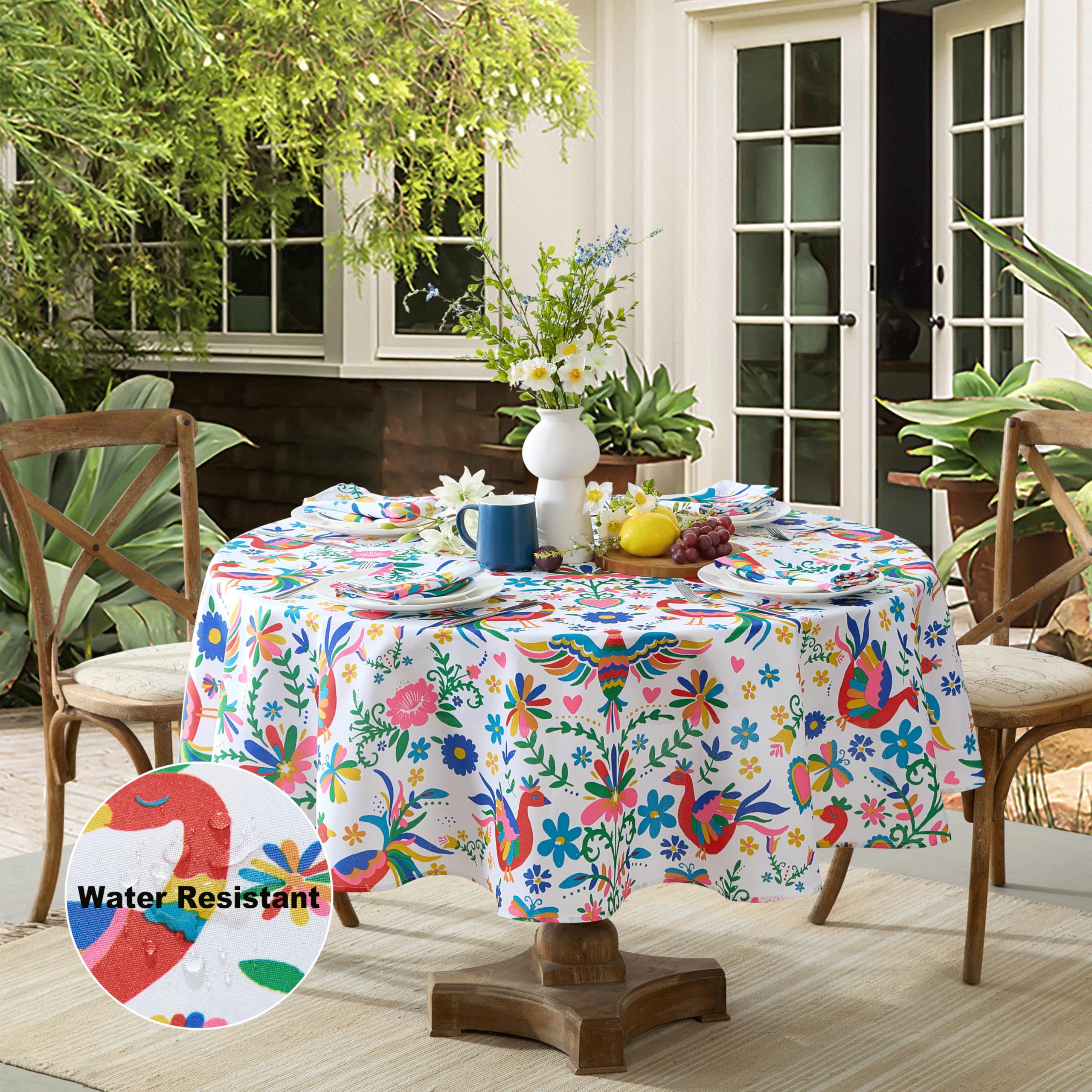 Newbridge Otomi Birds Folk Art Fabric Tablecloth, 70 Inch Round, Colorful Otomi Folk Art Water and Stain Resistant, No-Iron Fabric Tablecloth for Summer Parties and Barbecues