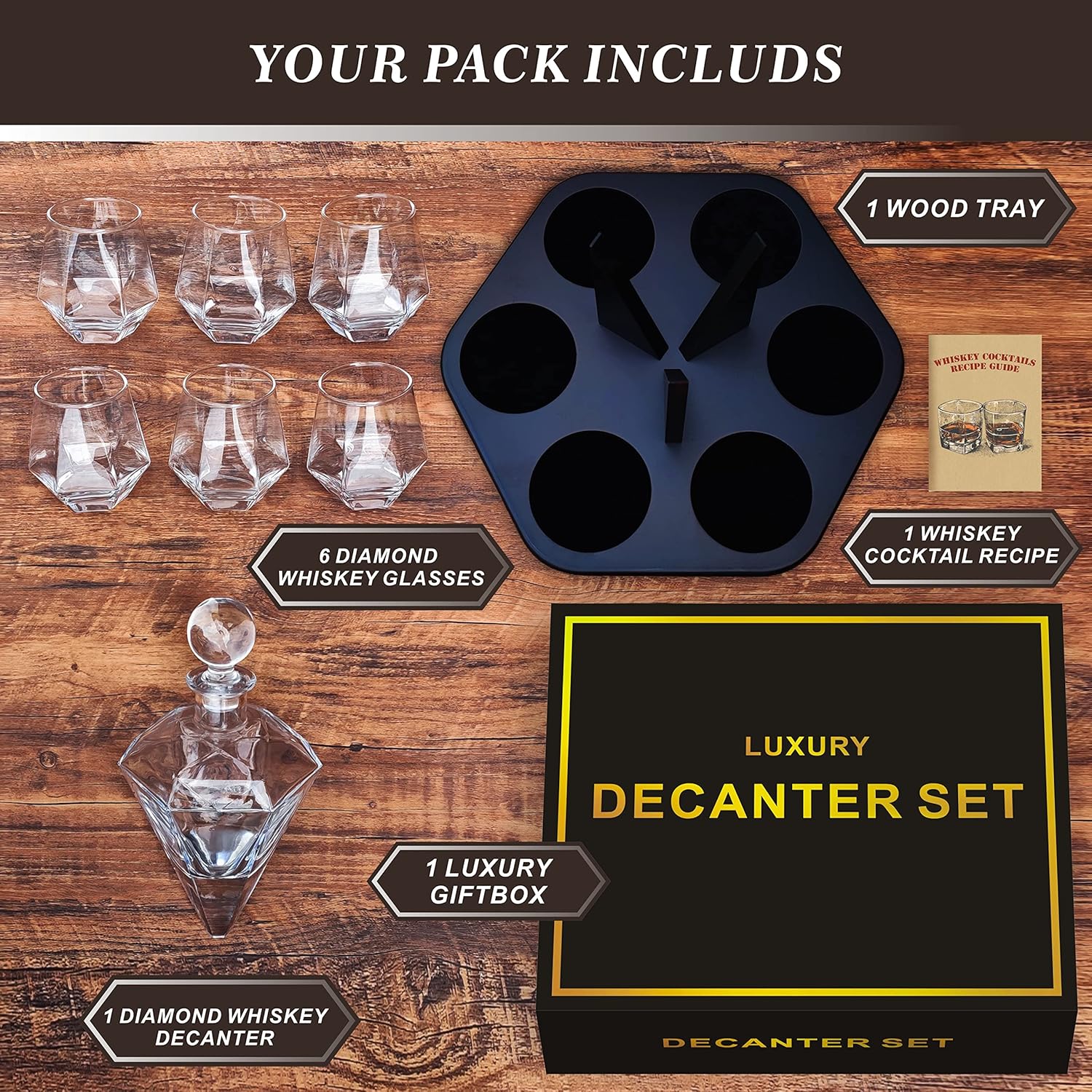 6-Glass Diamond Whiskey Decanter Set with Glasses,Whiskey Decanter Sets for Men,Decanters for Alcohol Whisky Decanter & Glass Set,Whiskey Set Tequila Liquor Bourbon Decanter Gift