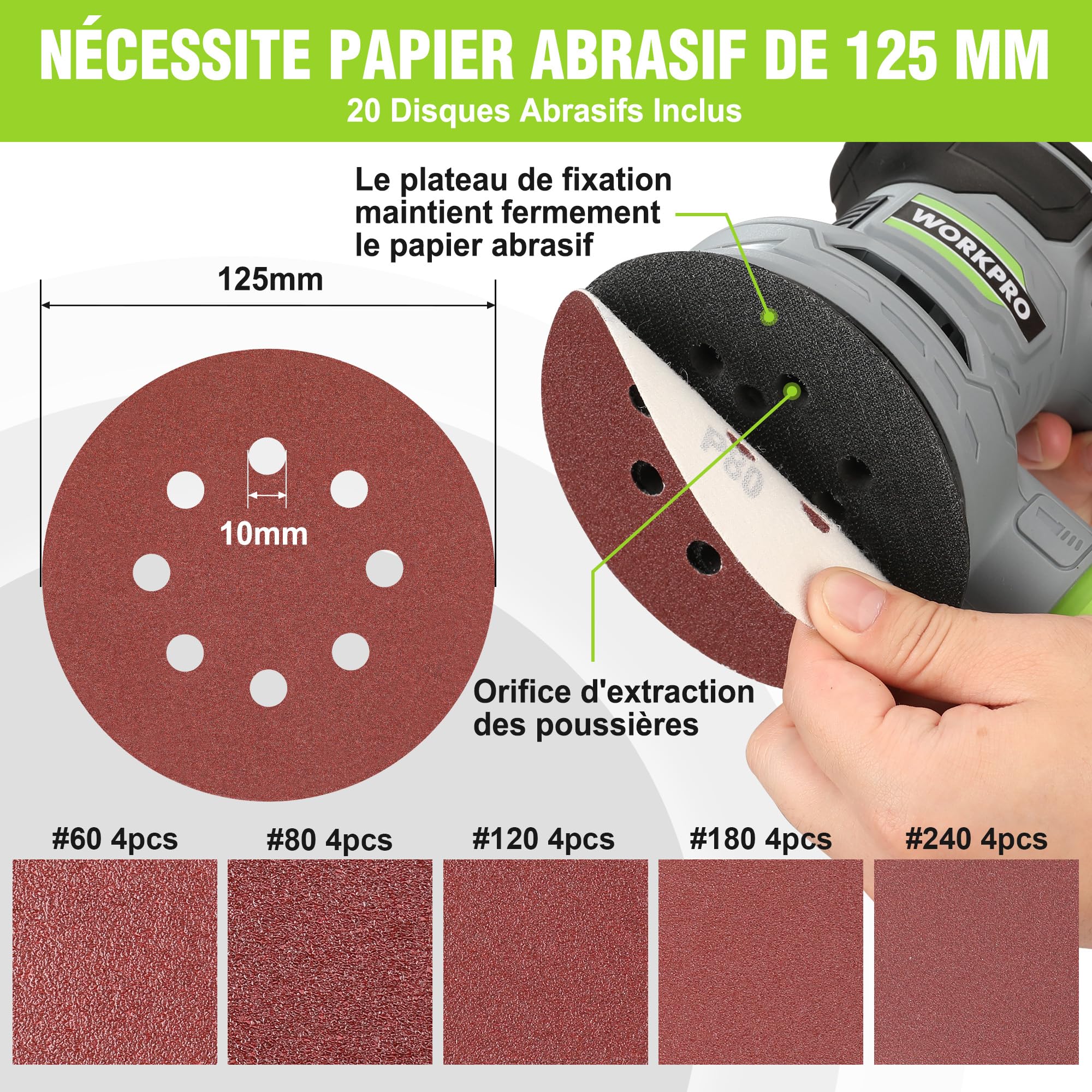 WORKPRO Ponceuse Excentrique 125mm, Ponceuse Rotative à Vitesse Réglable(Vitesse à vide: 7000-13000 tr/min), Ponceuse Orbitale Filaire 300W avec Récipient à Poussière et Disque de Ponçage 20 Pièces
