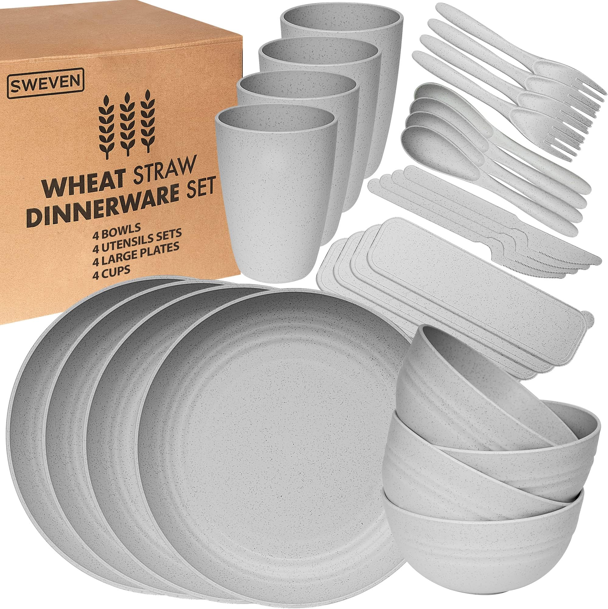 Wheat Straw Dinnerware Sets | Unbreakable Dinnerware Sets | Dishwasher Microwave Safe Dinnerware | Eco Friendly Non Breakable Dinnerware Sets | RV Outdoor Camping (Grey, Service for 4 (28 pcs))