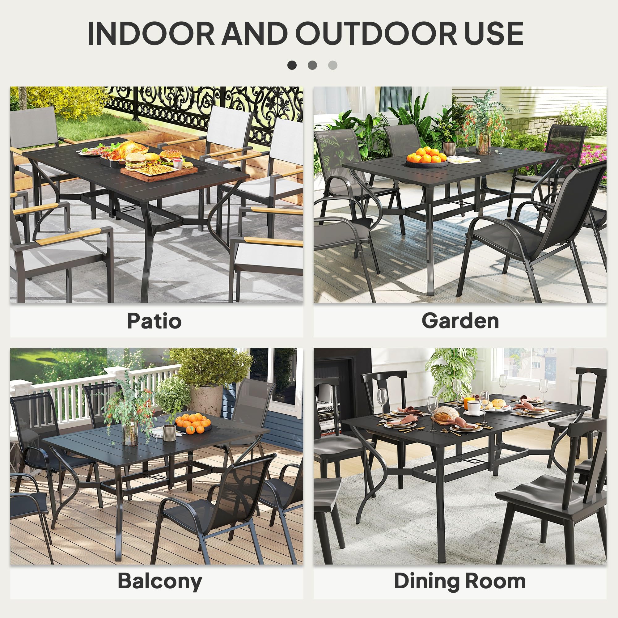 Mesa de comedor rectangular para 6 personas, mesa rectangular de acero con agujero para paraguas, marco de acero para jardín, balcón, color negro 5