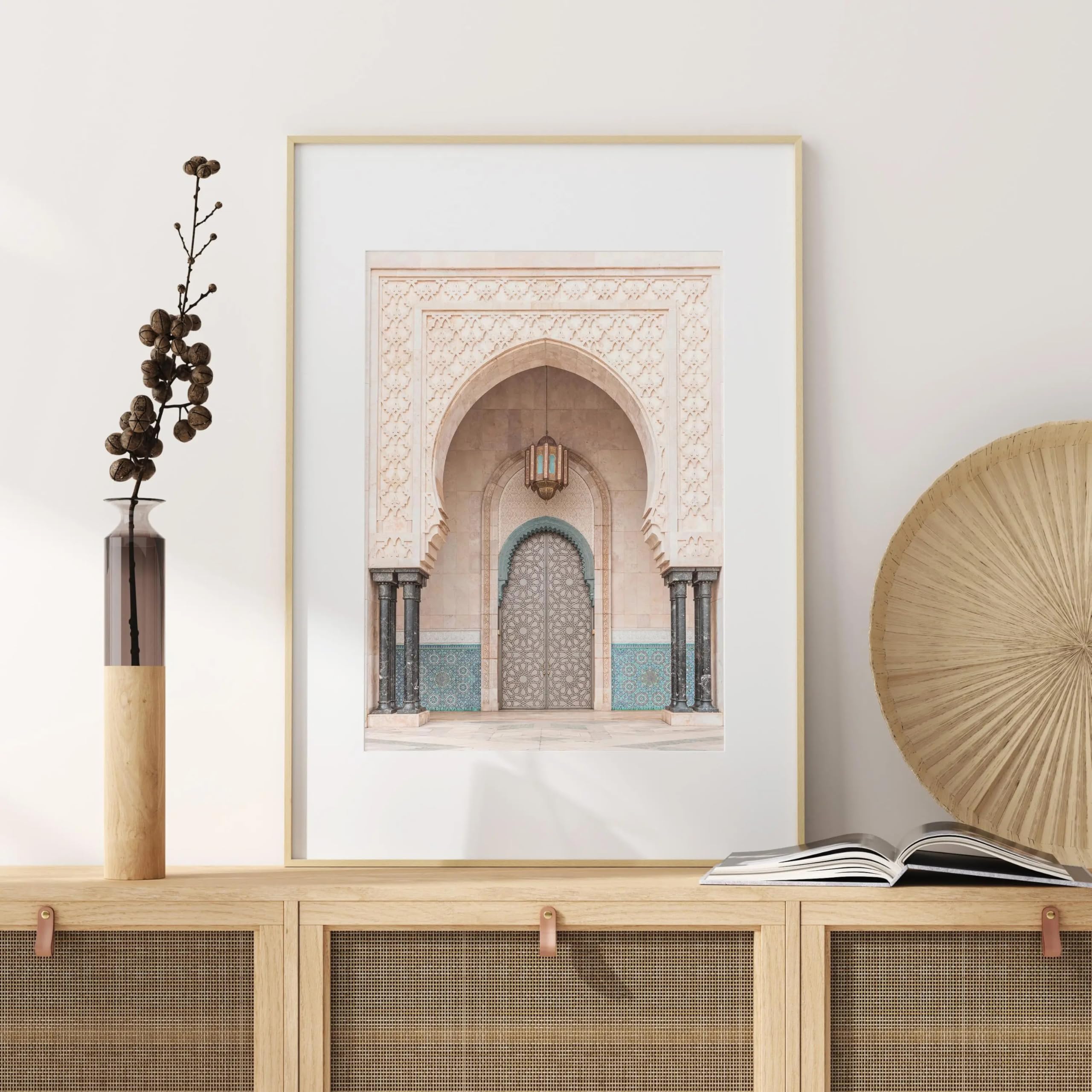LTjiajuypd Islamic Architecture Poster Moroccan Door Photo Mosque Print, Neutral Arabic Wall Art Beige Pictures Home Decor(60x80CM/Frameless)